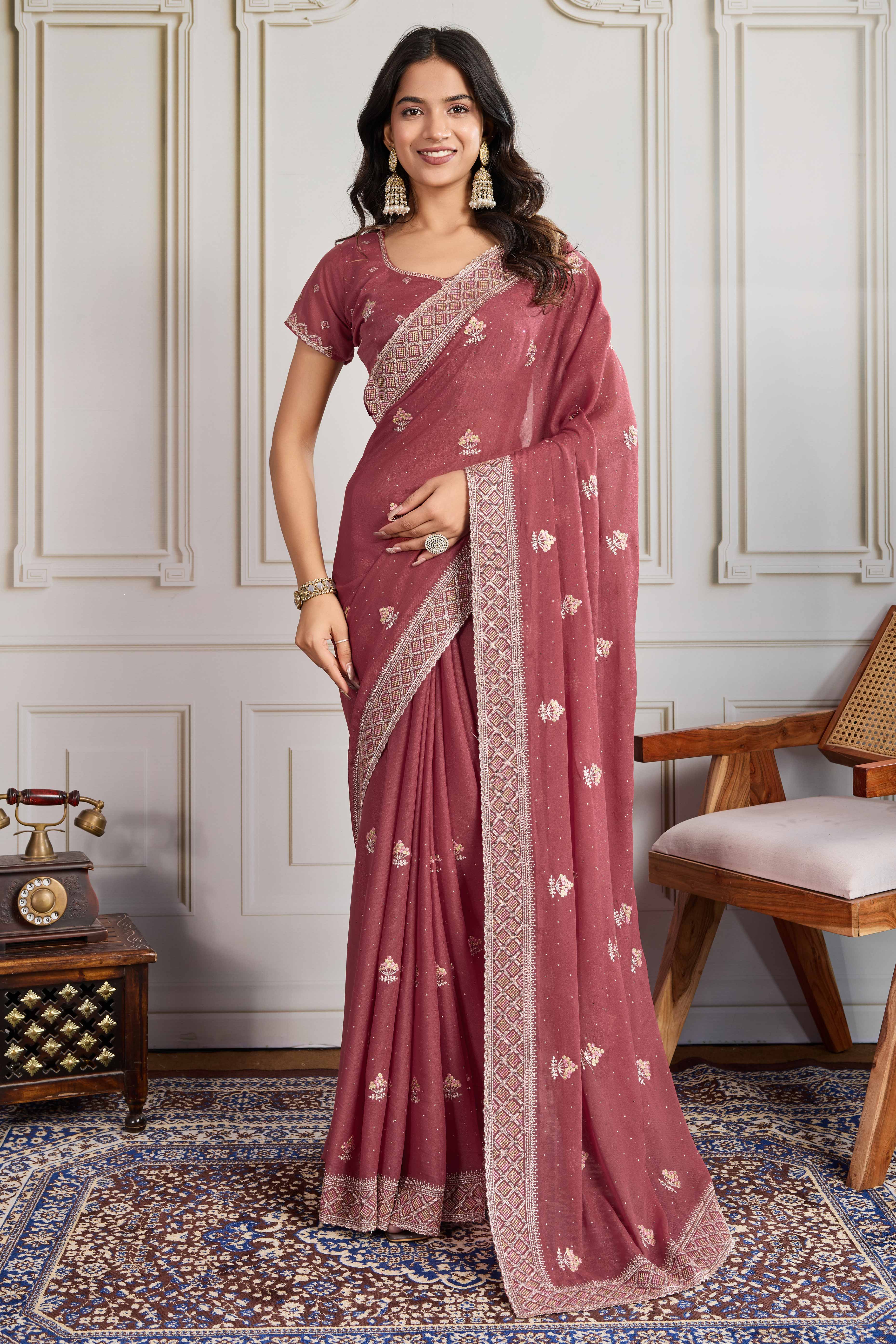 Mauve Georgette Saree Featuring Embroidered and Stone Work
