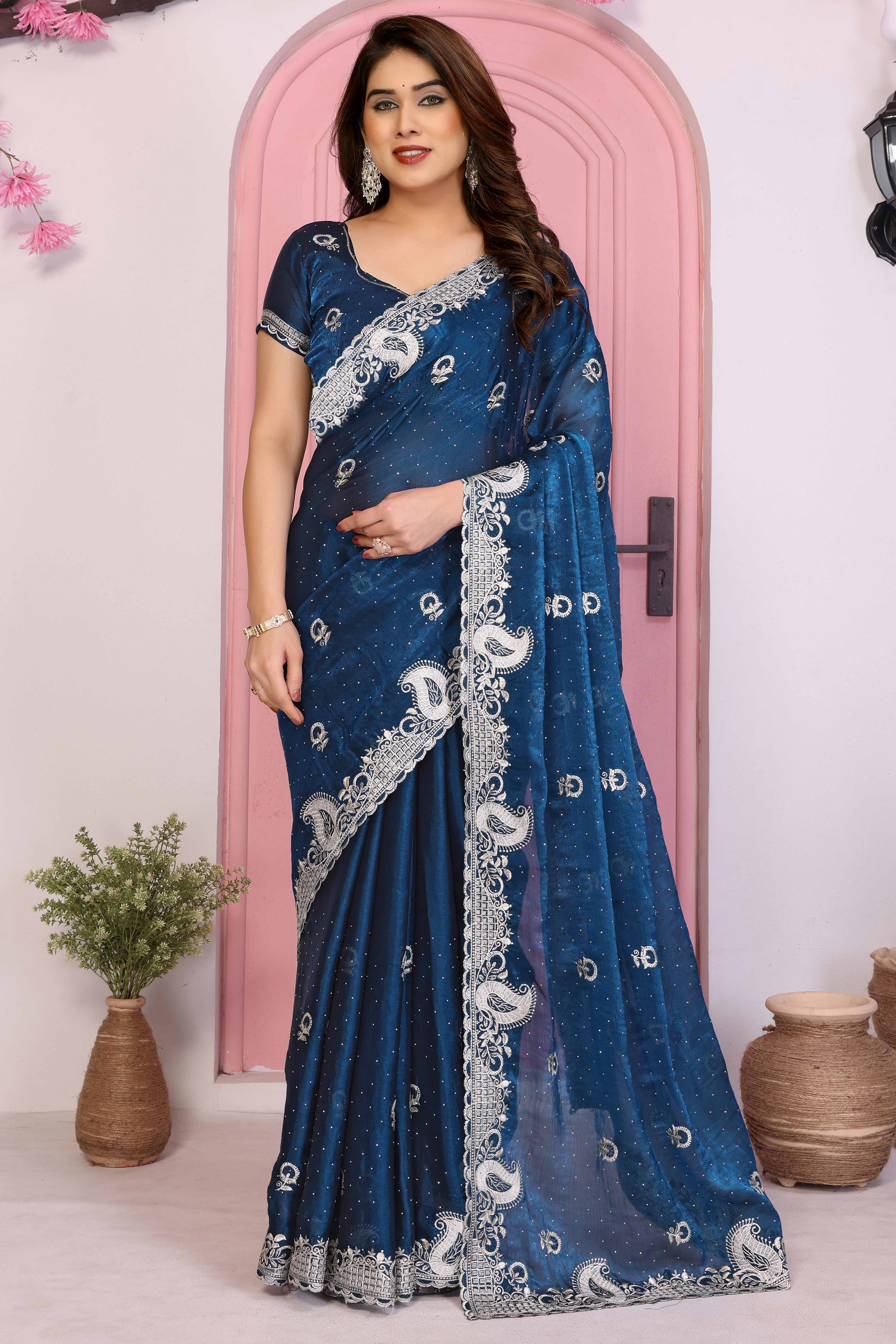 Blue Chiffon Saree Featuring Floral Thread Embroidery With Stone Embellishments