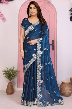 Blue Chiffon Saree Featuring Floral Thread Embroidery With Stone Embellishments