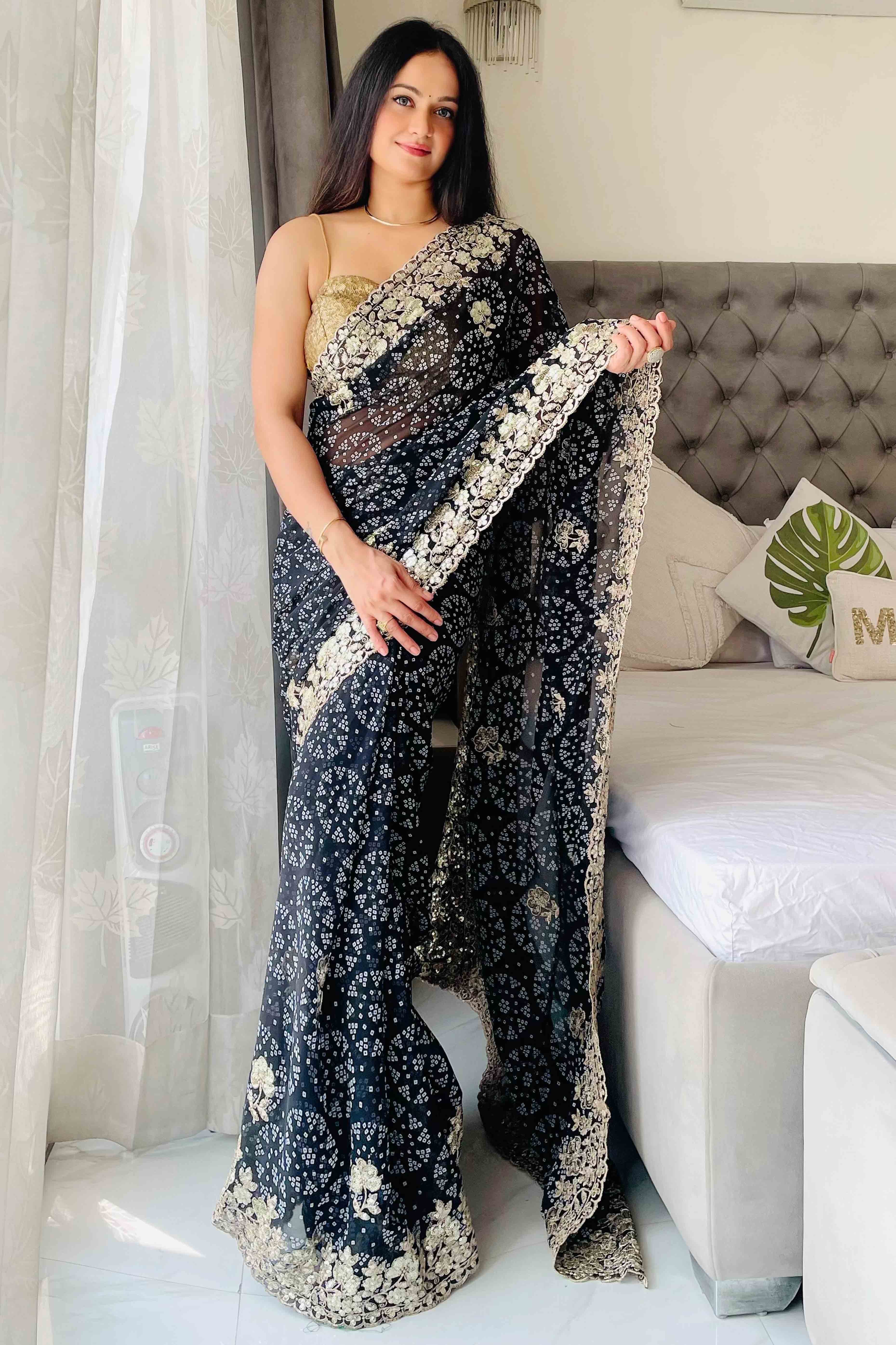 Dark Blue Bandhani Printed Georgette Saree With Dazzling Floral Sequin Embroidery