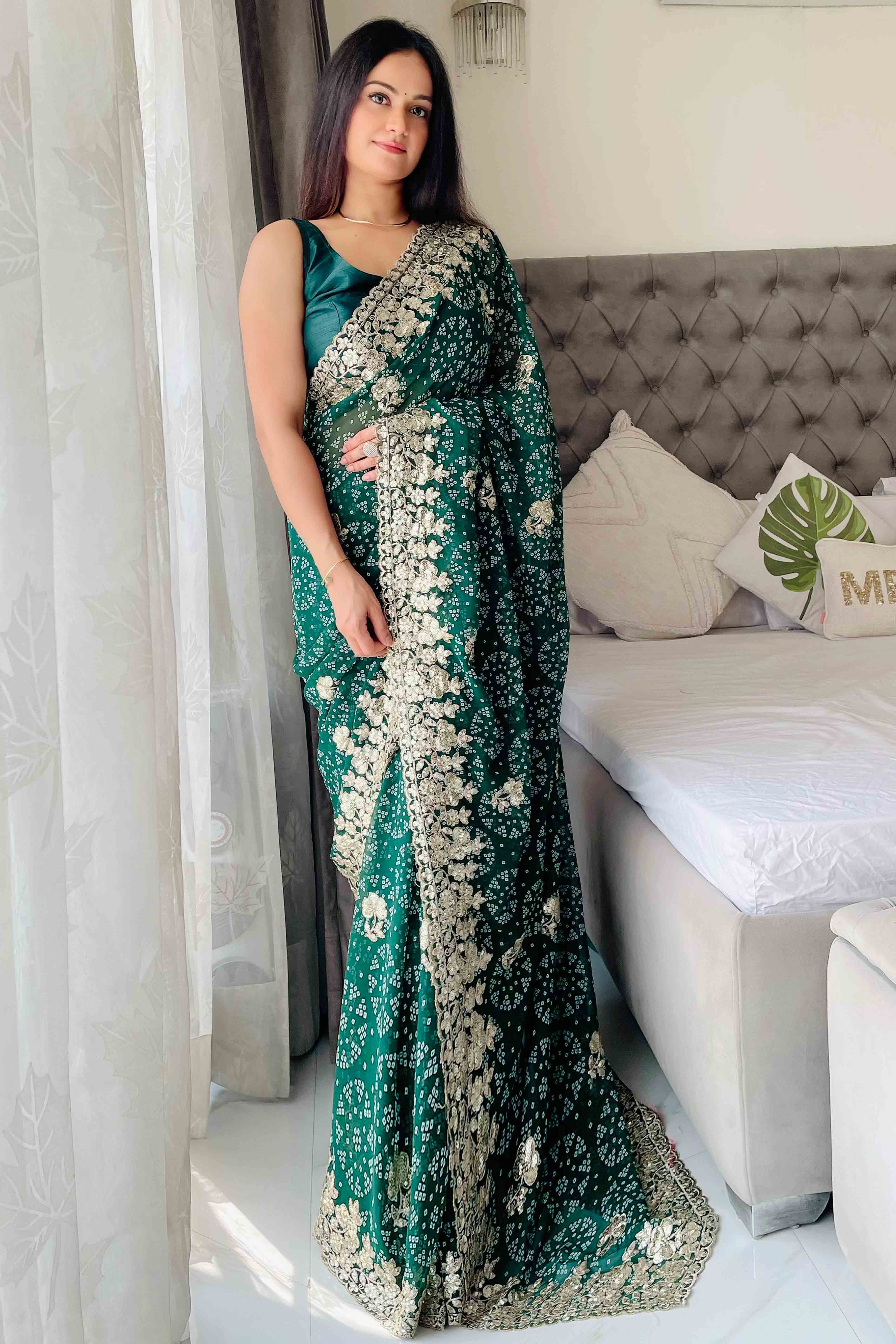 Green Bandhani Printed Georgette Saree With Dazzling Floral Sequin Embroidery