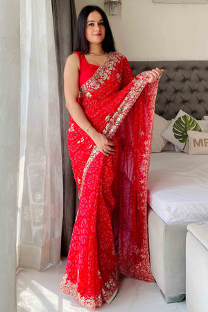 Red Bandhani Printed Georgette Saree With Dazzling Floral Sequin Embroidery