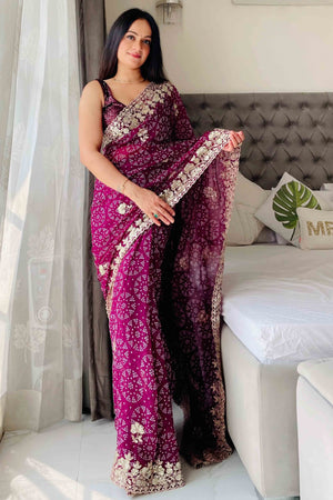 Deep Magenta Bandhani Printed Georgette Saree With Dazzling Floral Sequin Embroidery