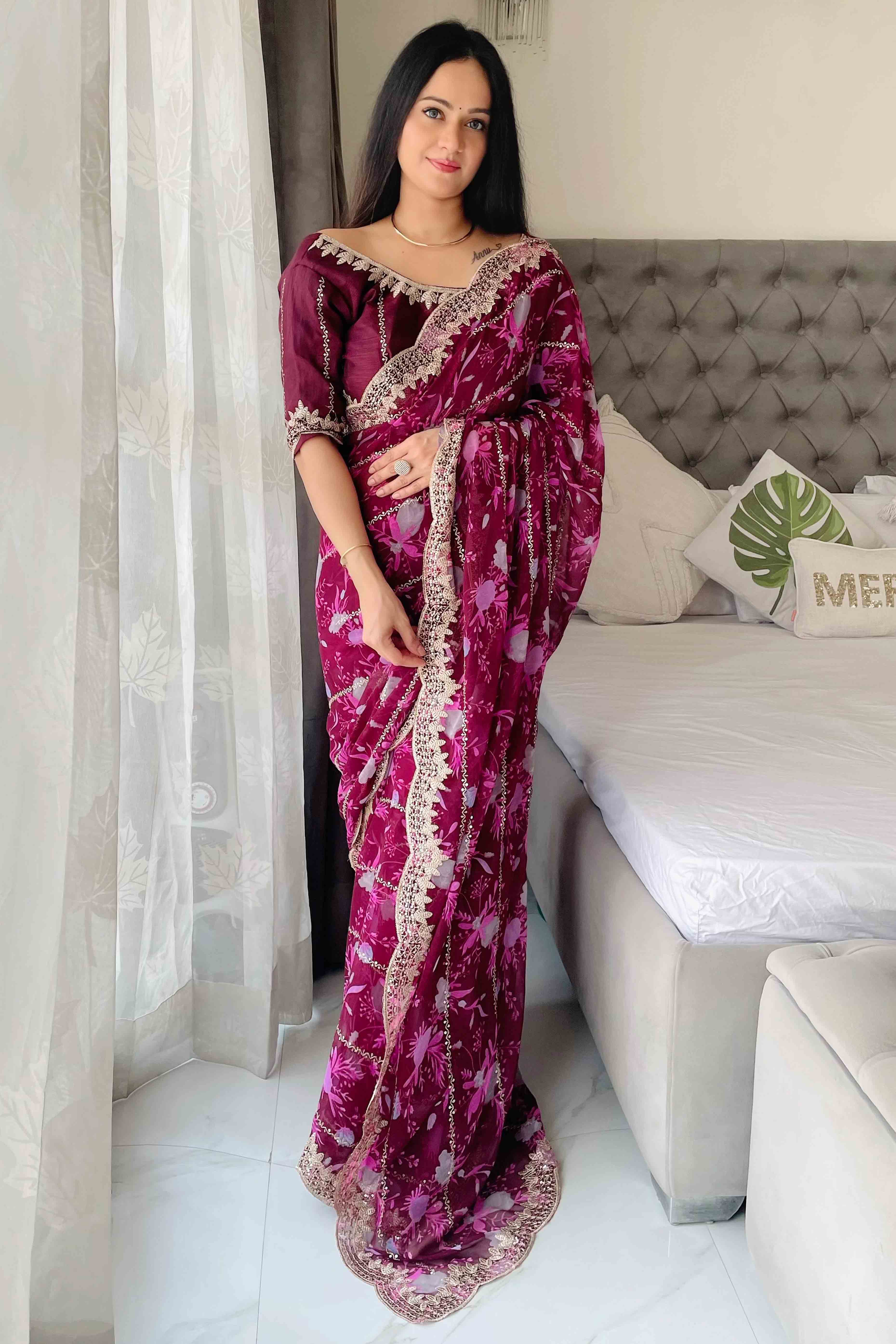 Wine Floral Zari Embroidered Georgette Saree With Sparkling Sequin Embellishments