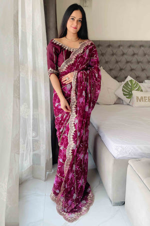 Wine Floral Zari Embroidered Georgette Saree With Sparkling Sequin Embellishments
