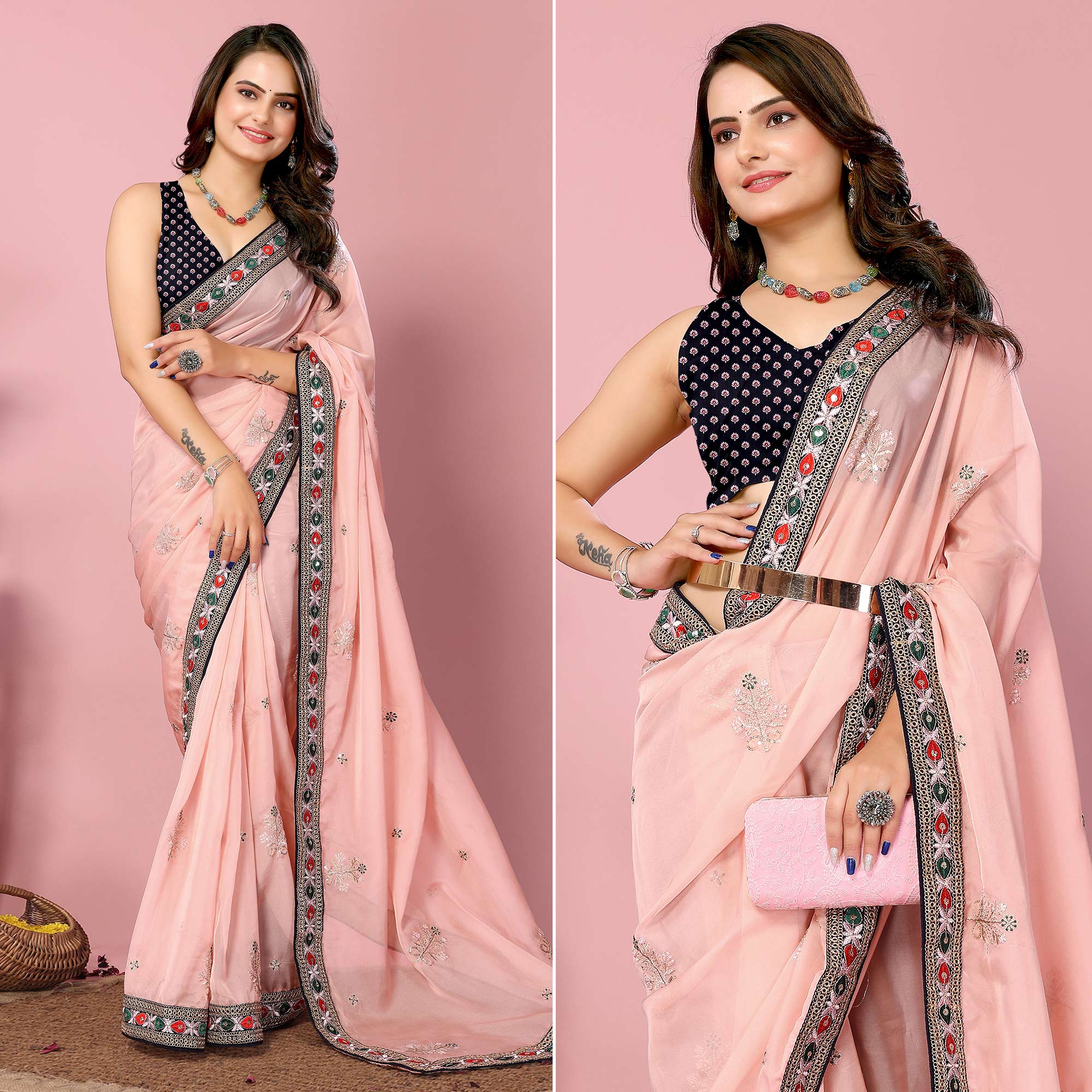 Peach Floral Sequins Embroidered Organza Saree