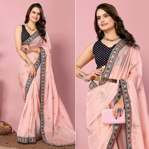 Peach Floral Sequins Embroidered Organza Saree