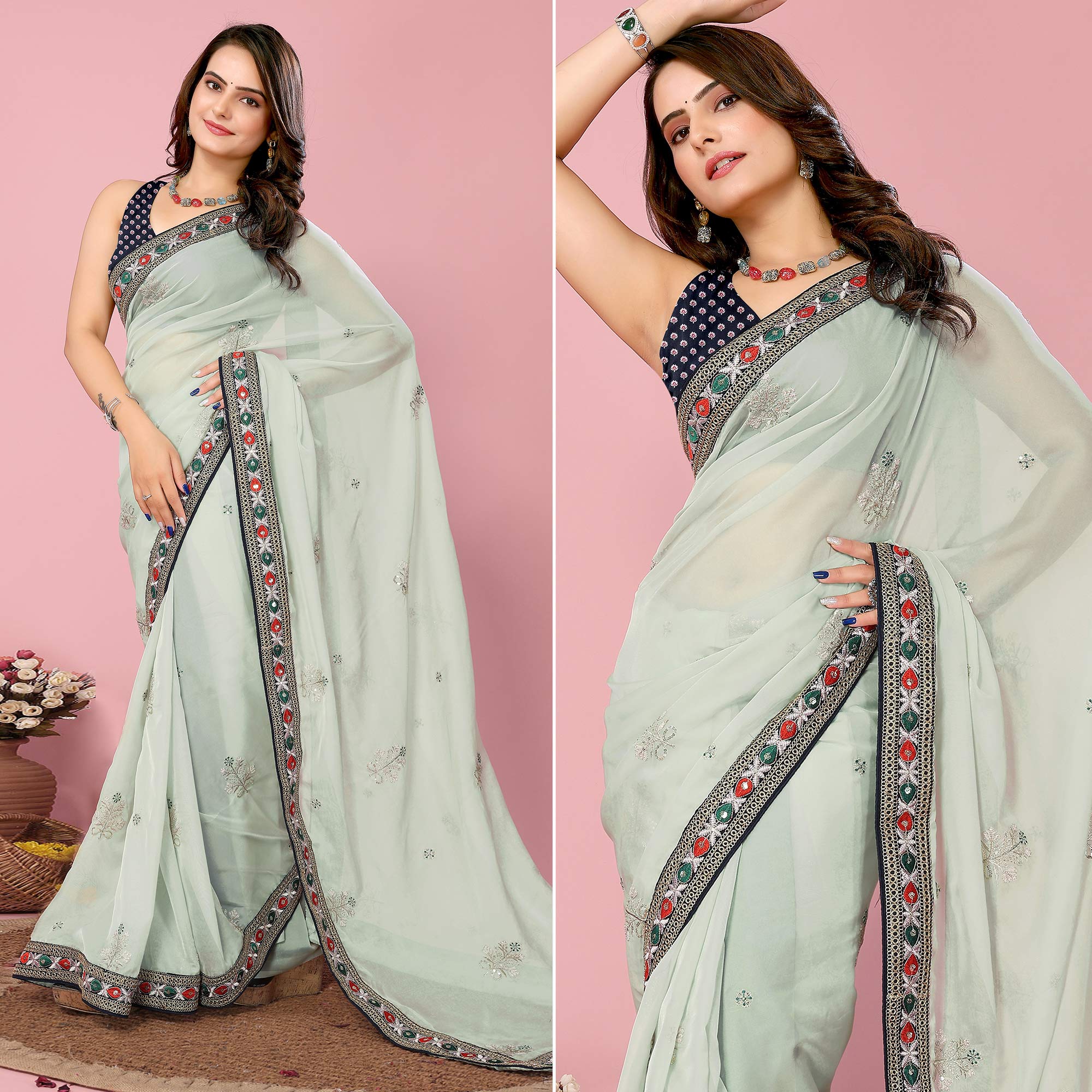 Sea Green Floral Sequins Embroidered Organza Saree