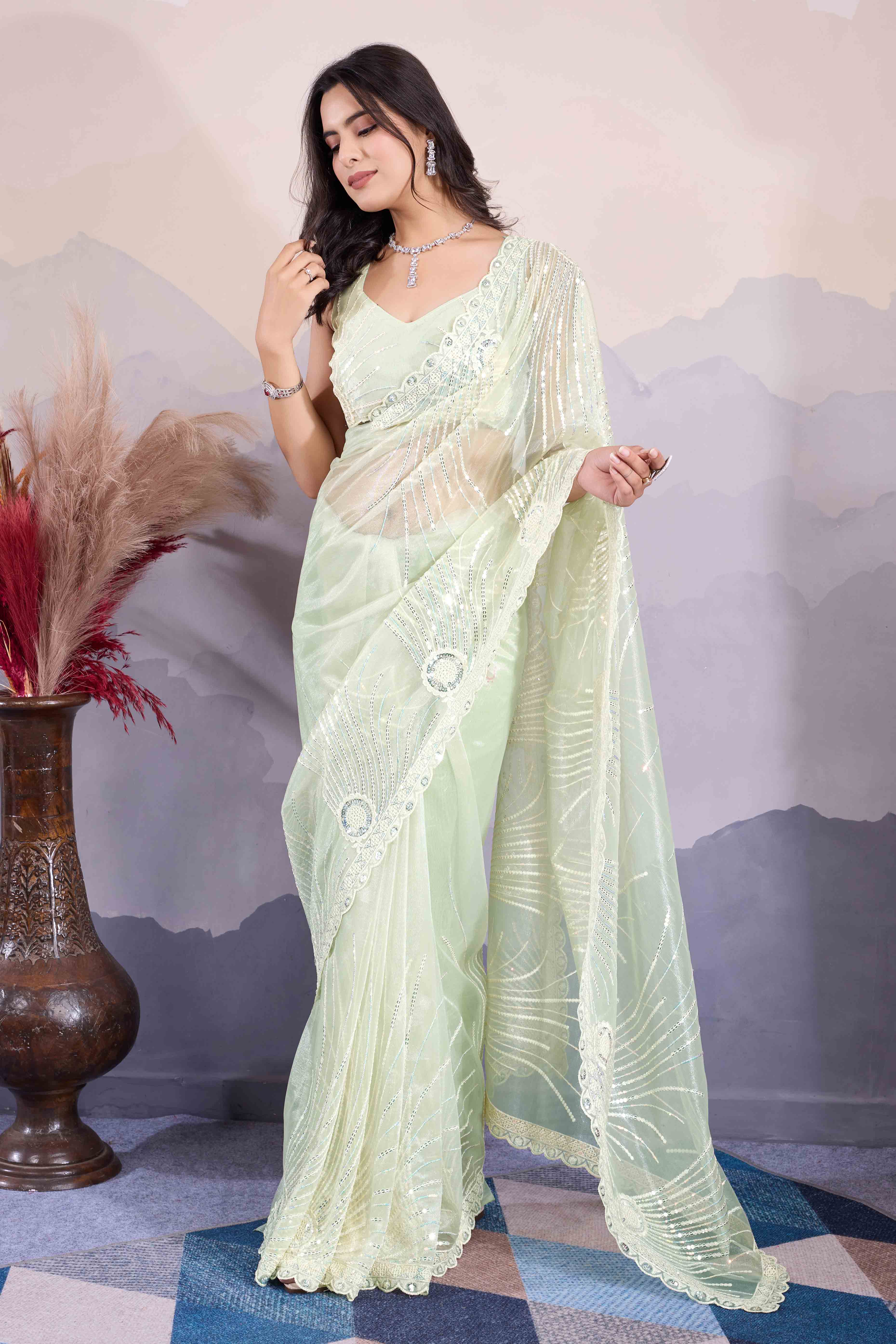 Green Sequins Embroidered Twill Net Saree