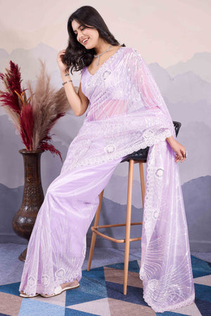 Lavender Sequins Embroidered Twill Net Saree