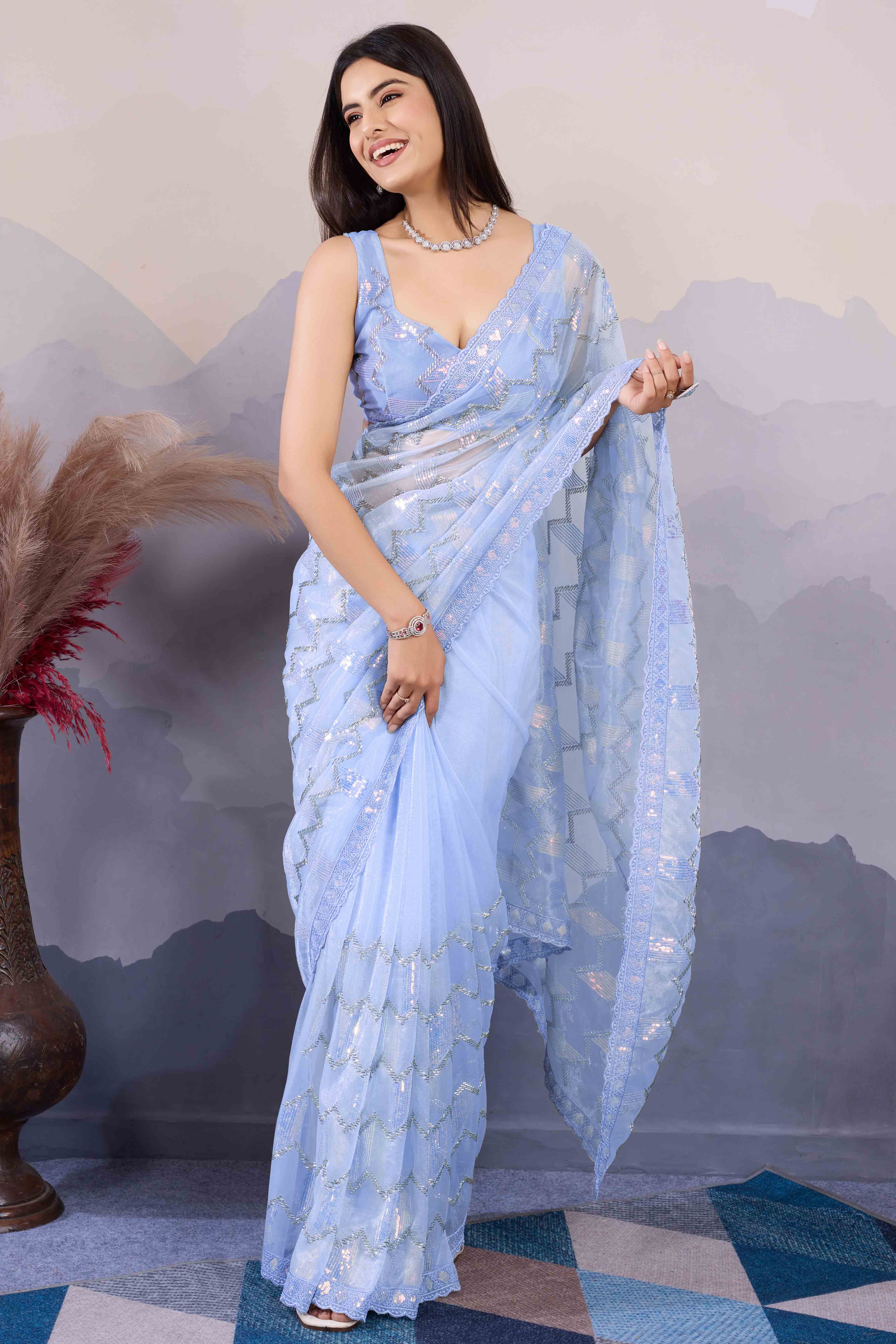 Blue Sequins Embroidered Twill Net Saree