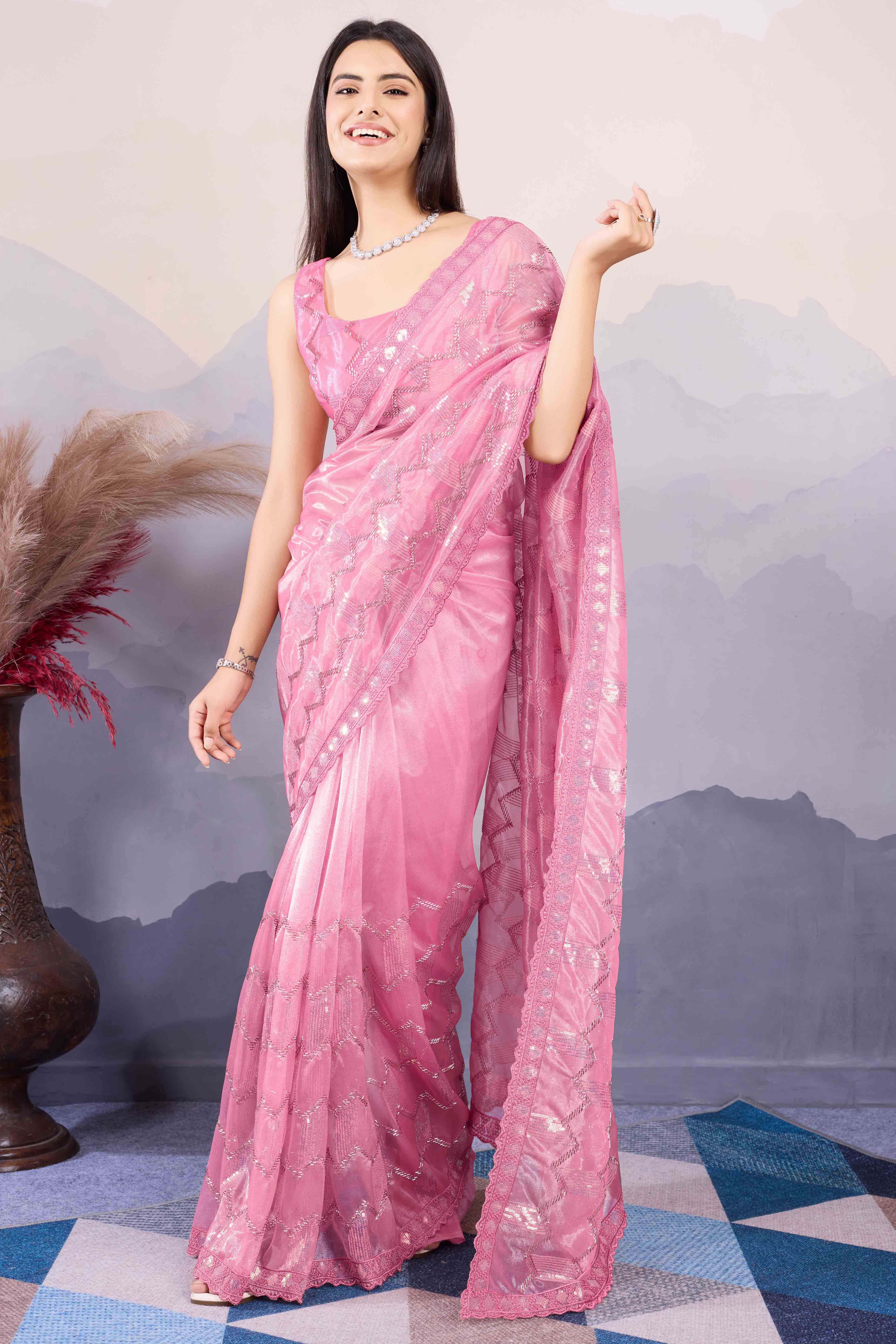 Onion Pink Sequins Embroidered Twill Net Saree