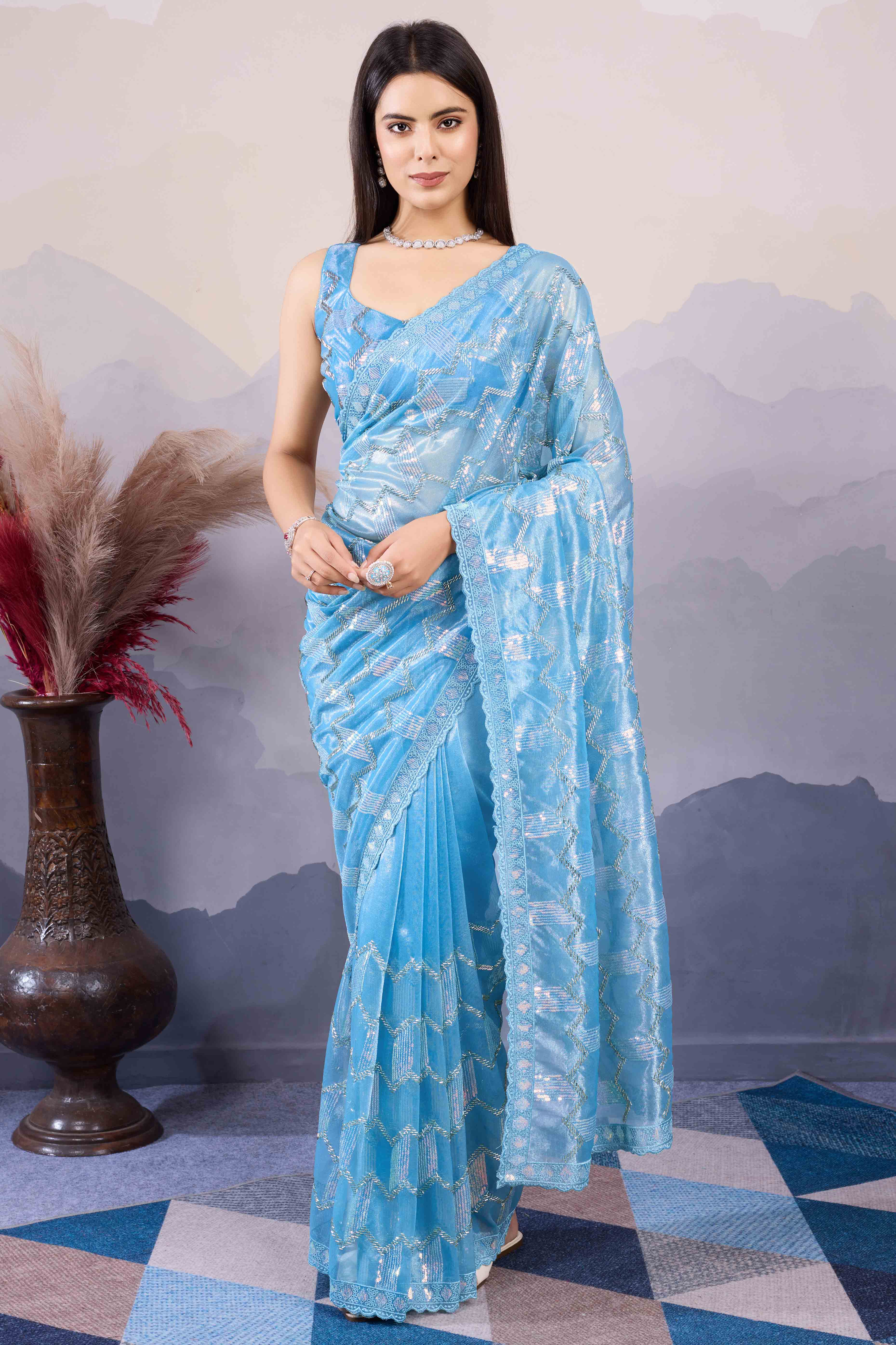 Blue Sequins Embroidered Twill Net Saree