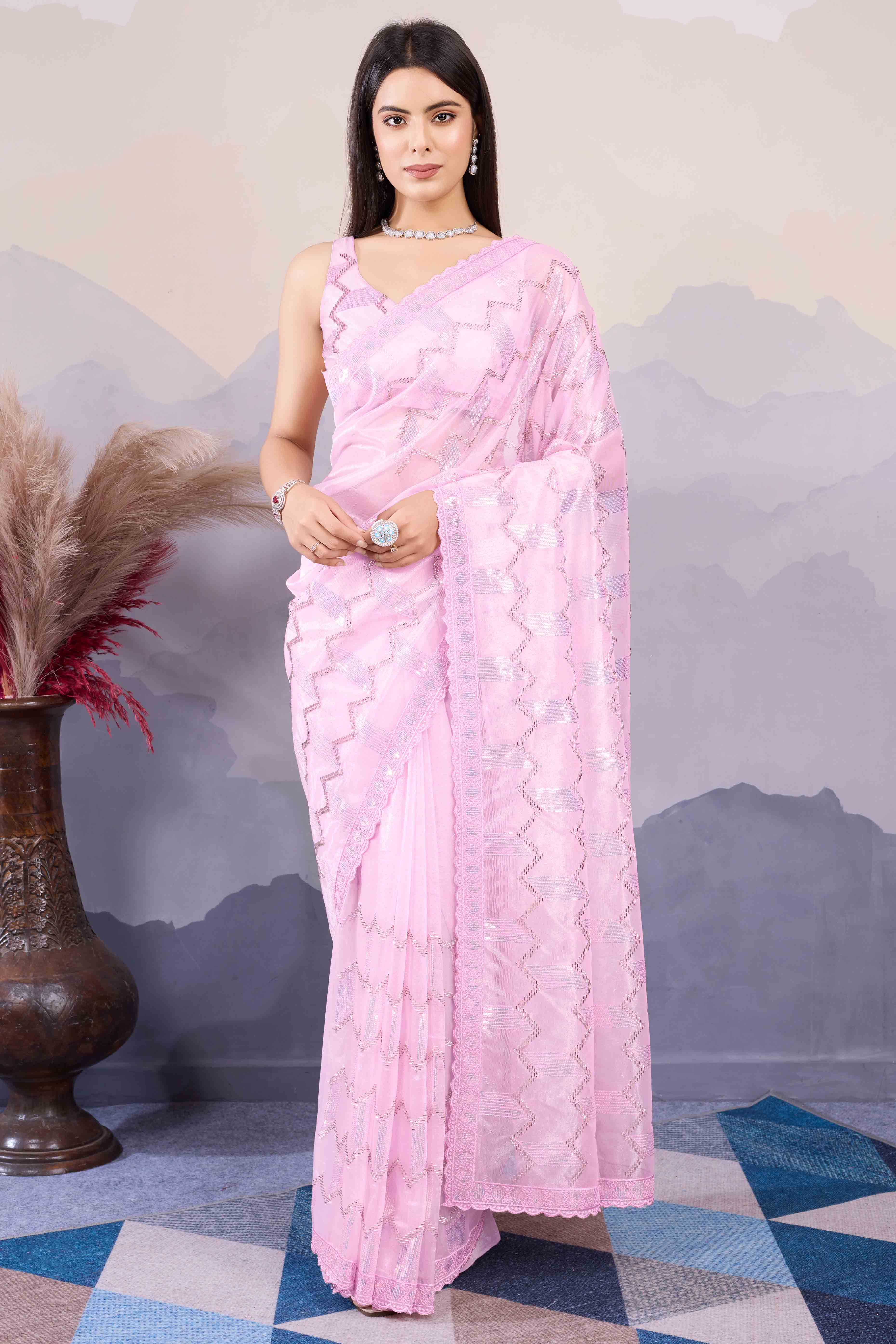 Baby Pink Sequins Embroidered Twill Net Saree