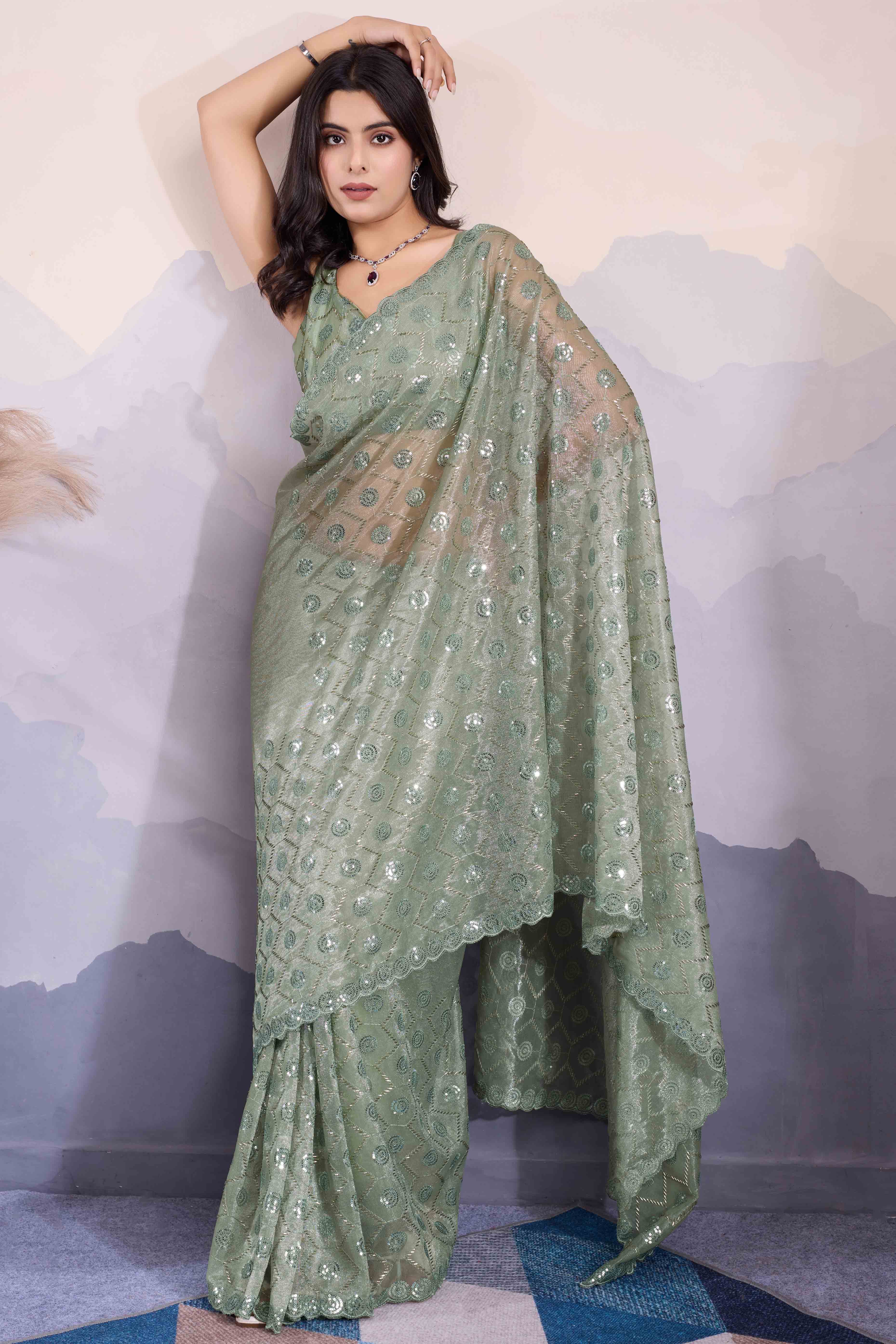 Green Sequins Embroidered Twill Net Saree