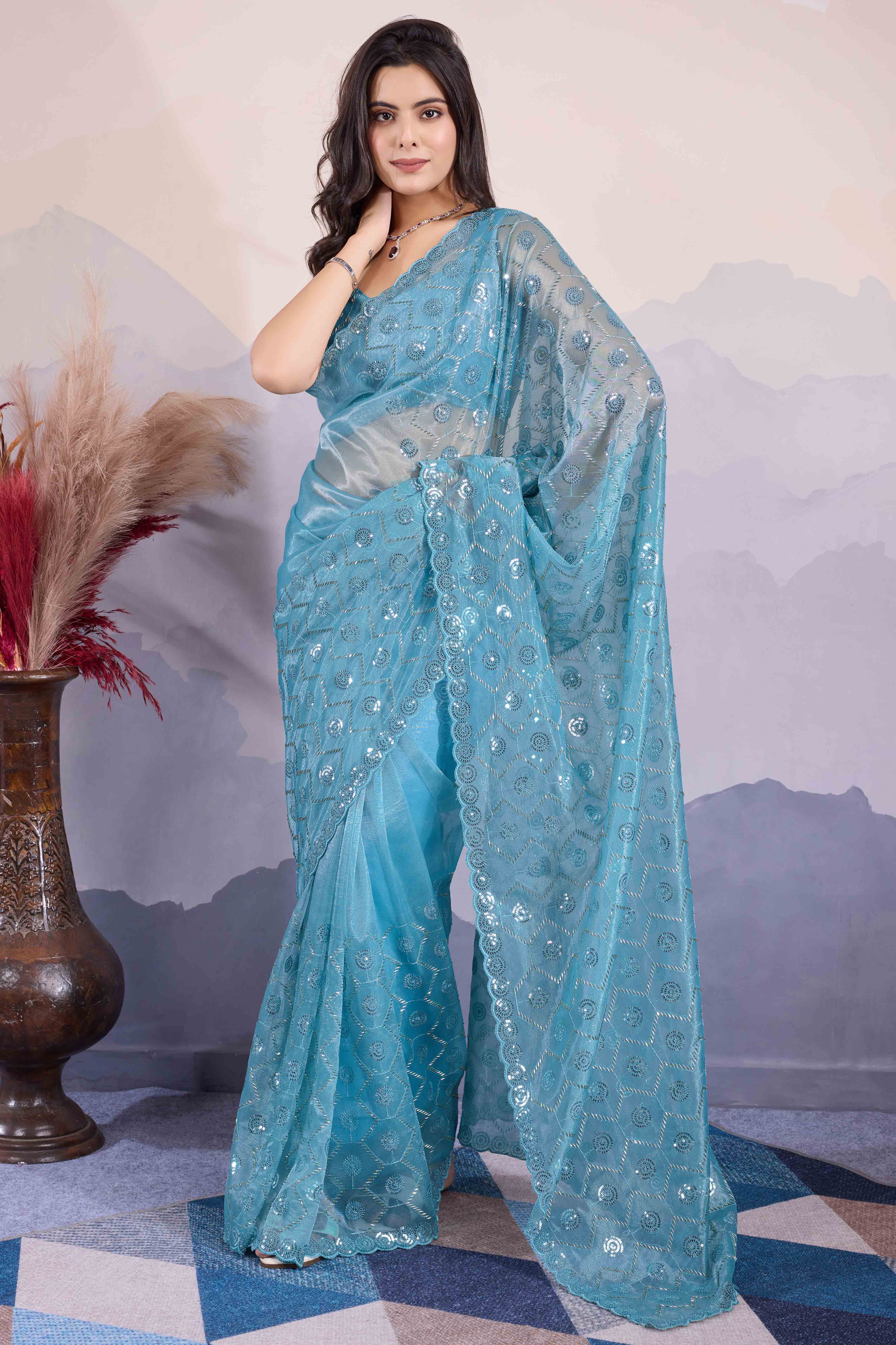 Blue Sequins Embroidered Twill Net Saree