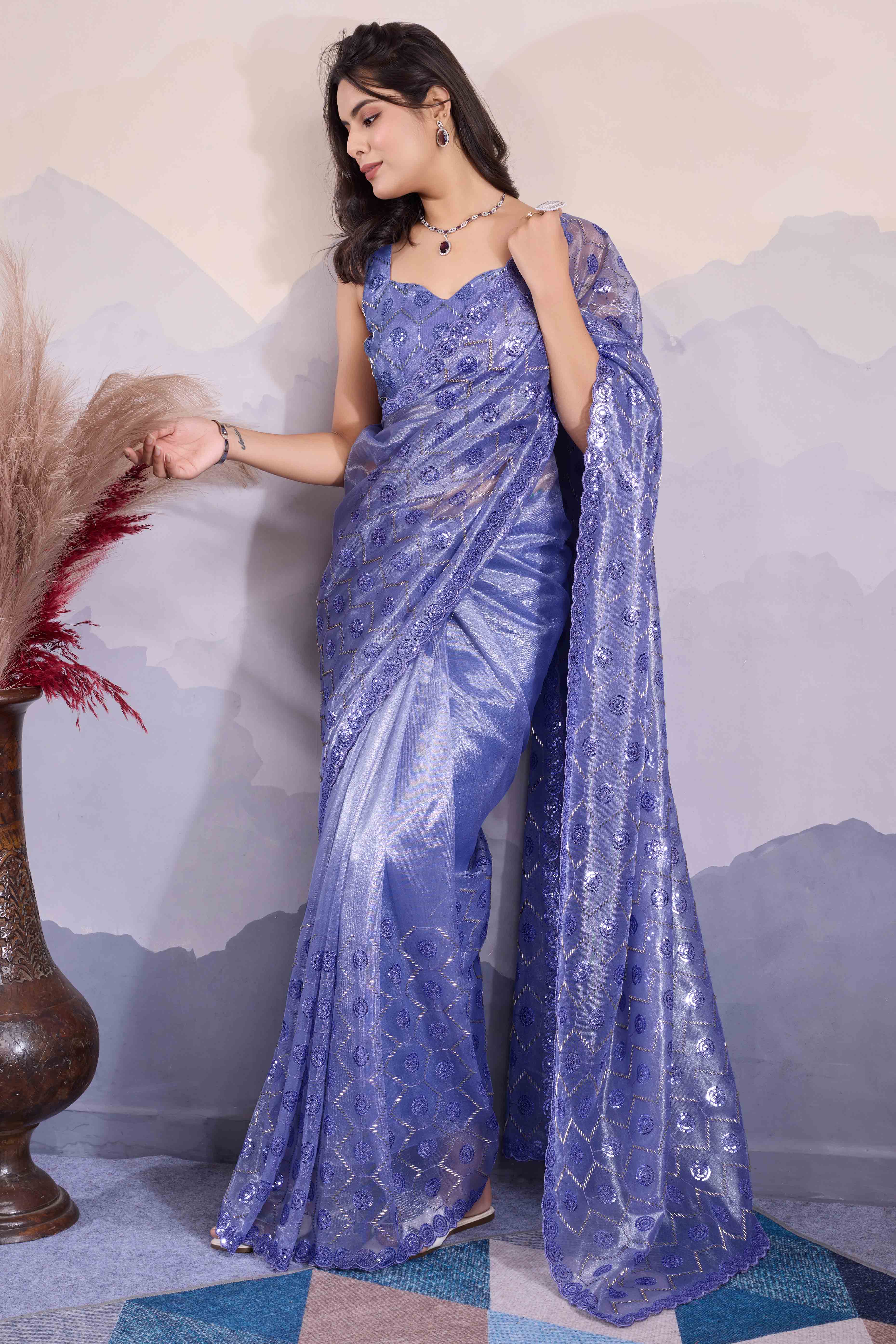 Light Slate Blue Sequins Embroidered Twill Net Saree