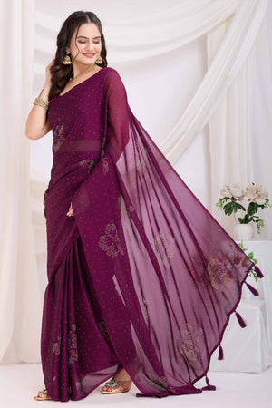 Purple Floral Swarovski Work Rangoli Art Silk Ready To Wear Saree