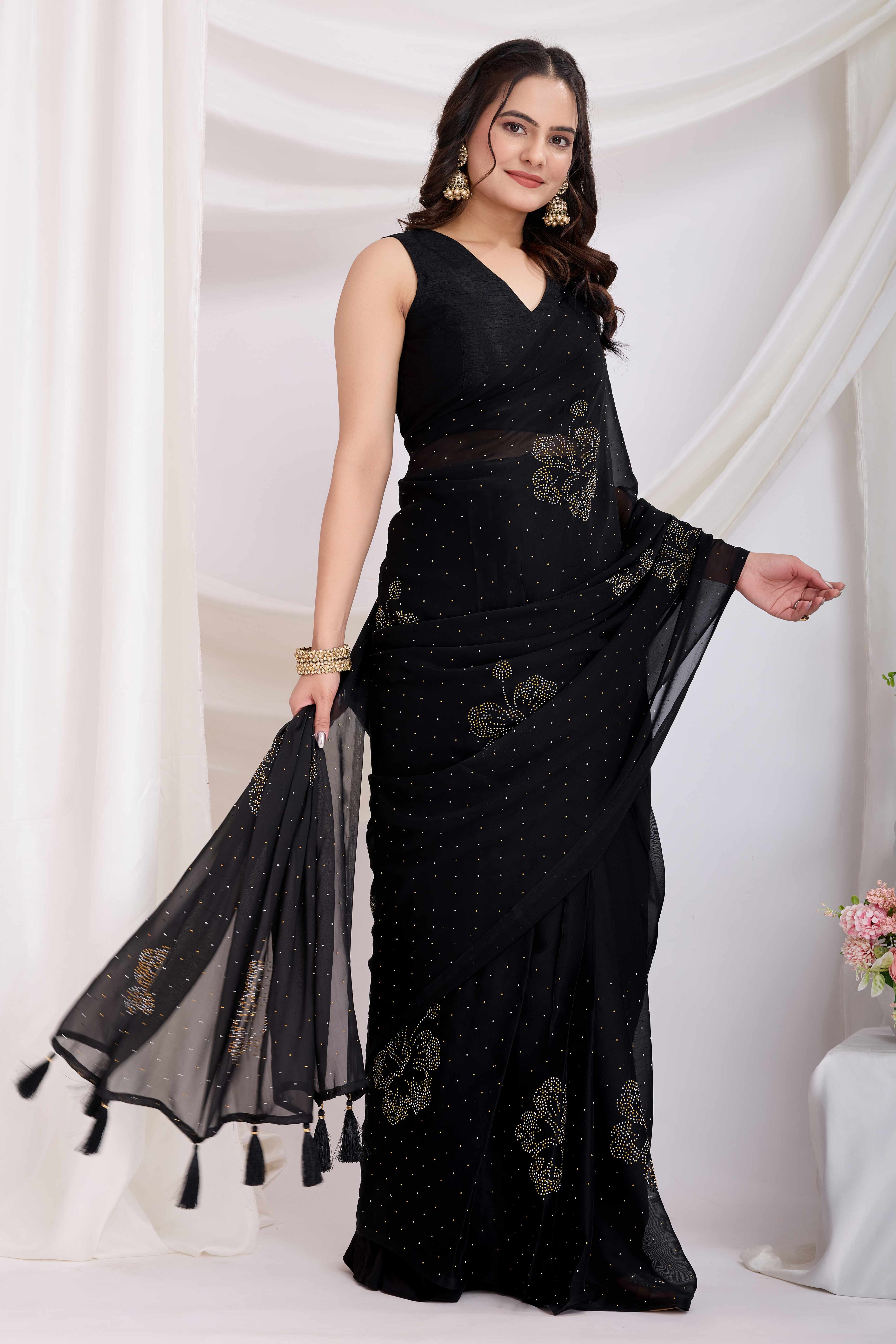 Black Floral Swarovski Work Rangoli Art Silk Ready To Wear Saree