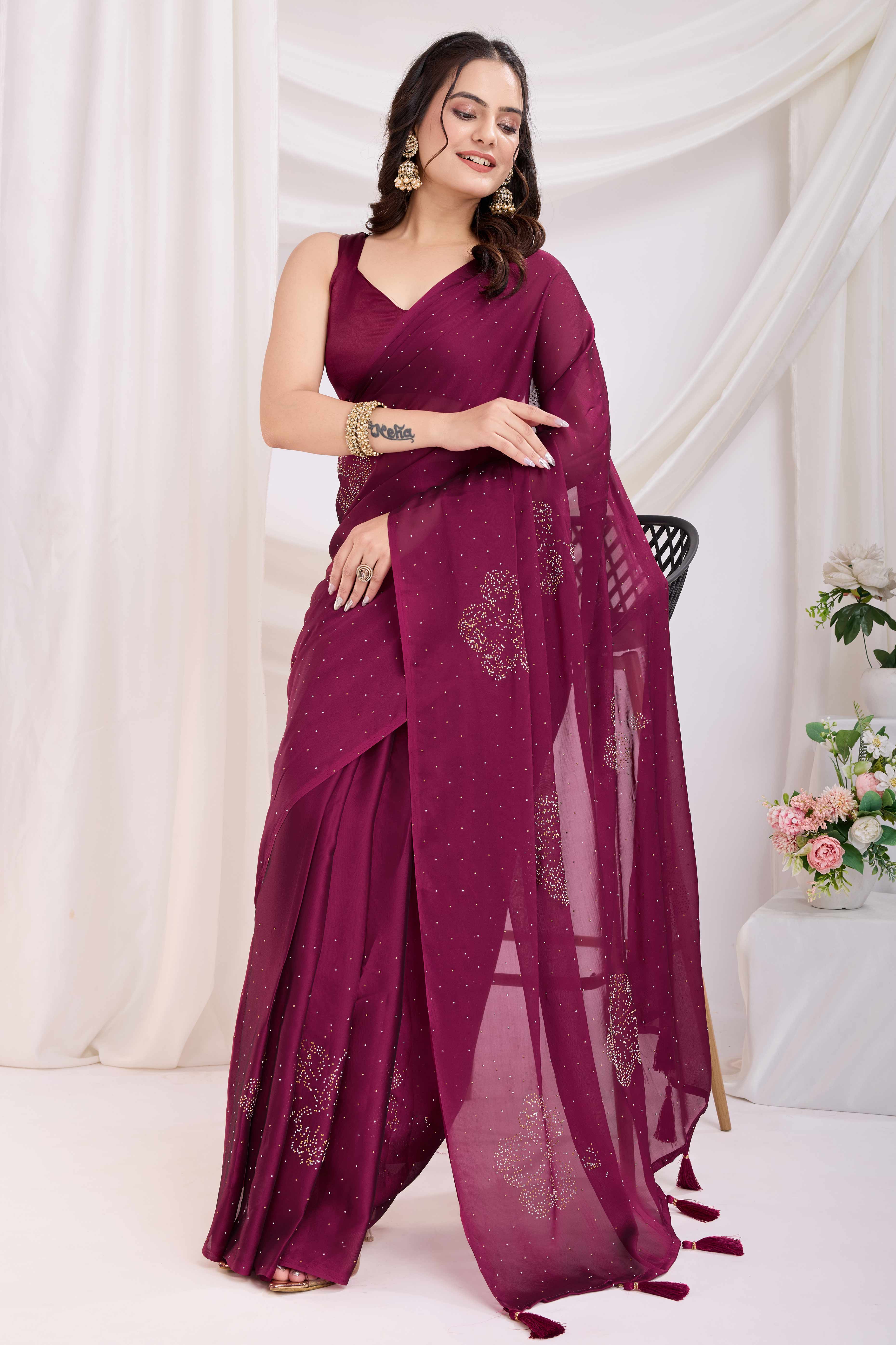 Wine Floral Swarovski Work Rangoli Art Silk Ready To Wear Saree