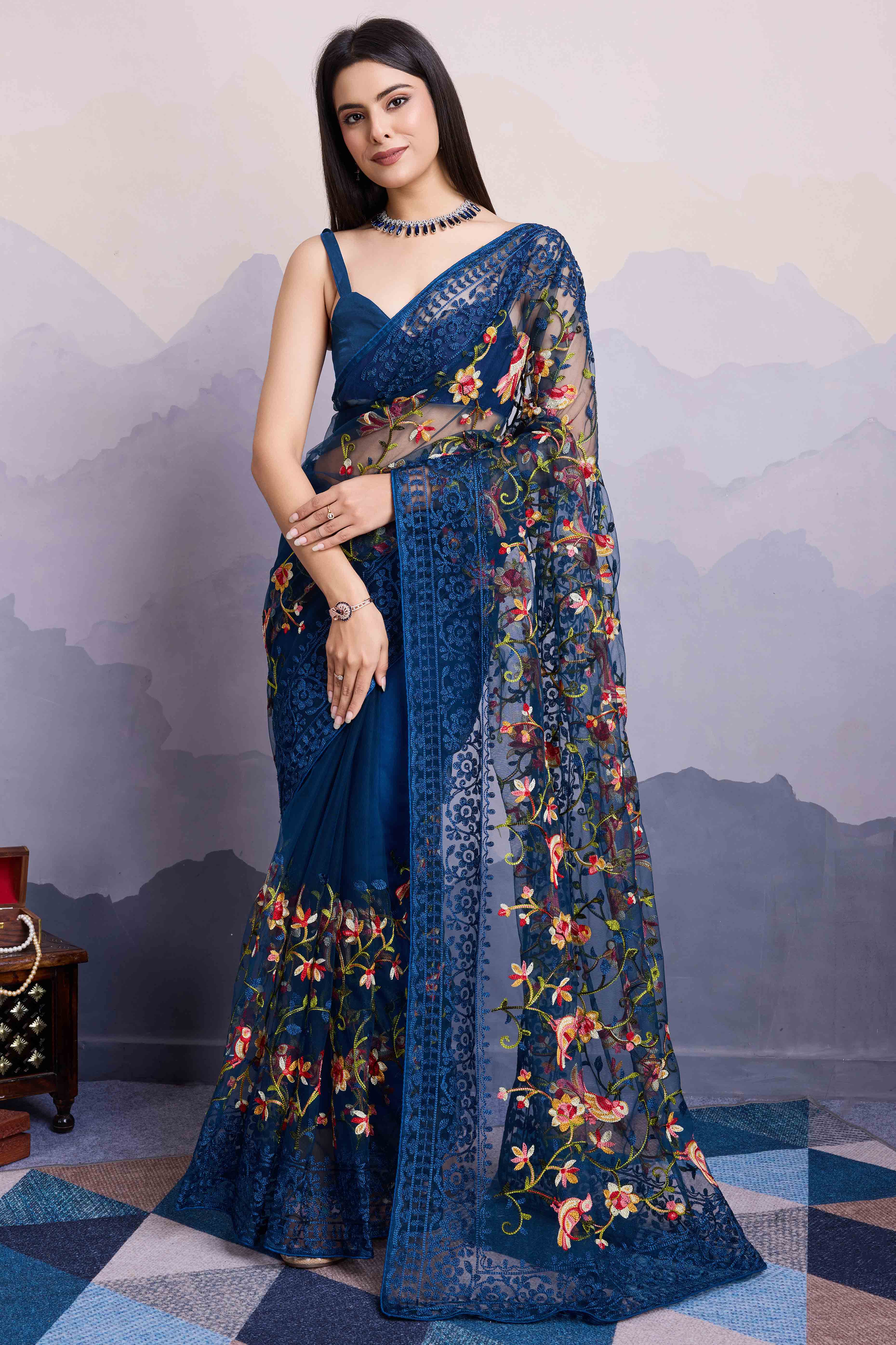 Navy Blue Floral Embroidered Net Saree