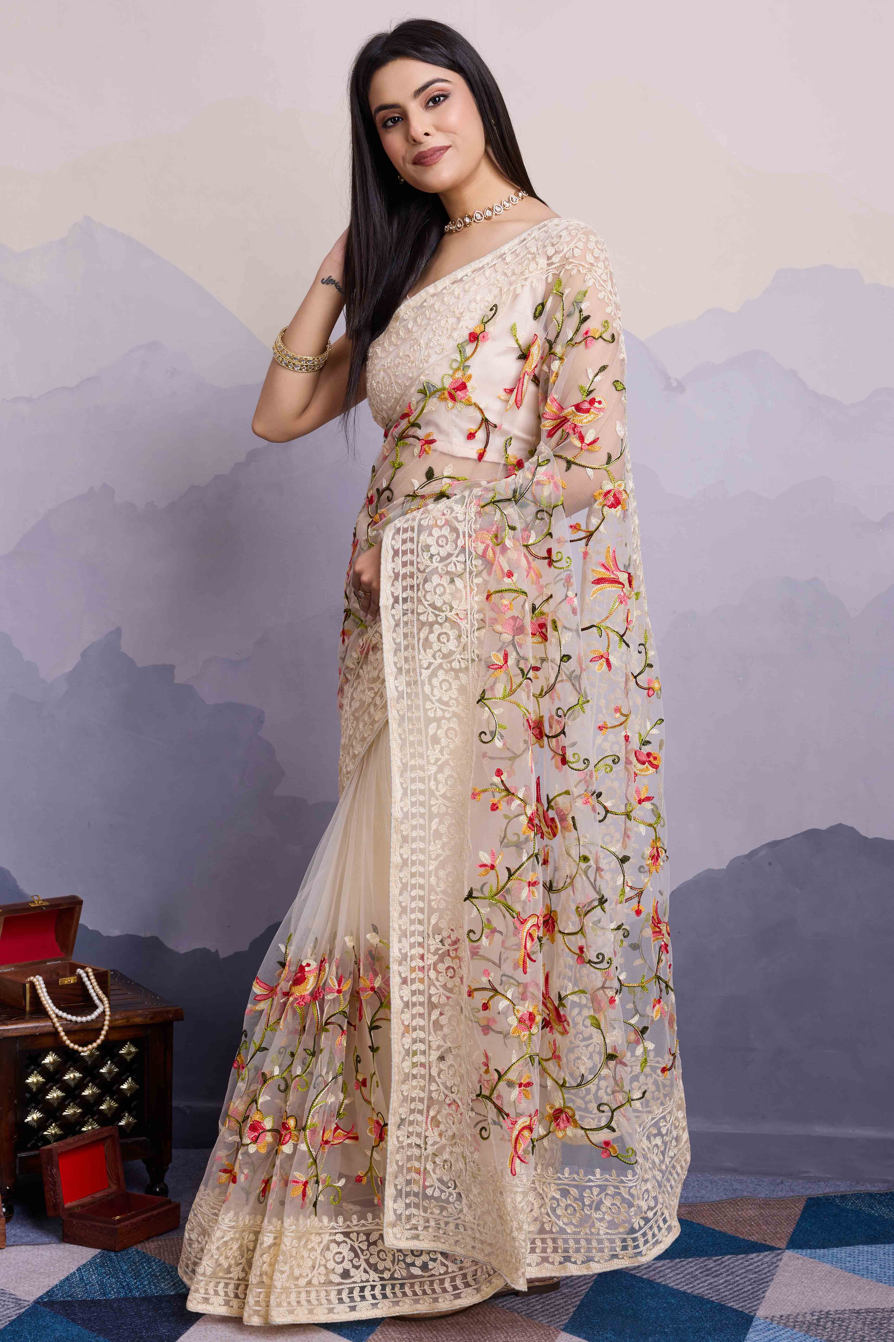 Off White Floral Embroidered Net Saree