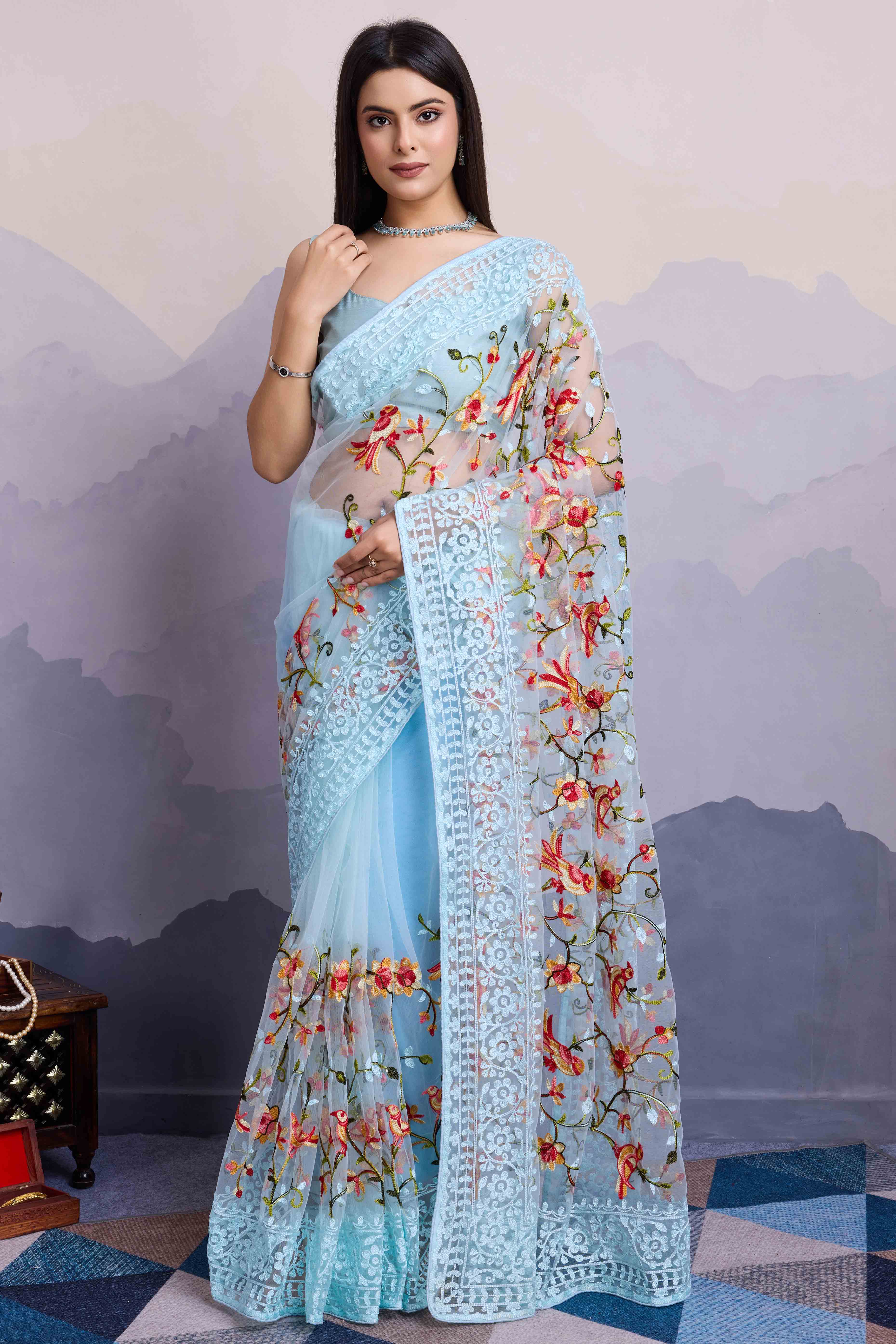 Sky Blue Floral Embroidered Net Saree