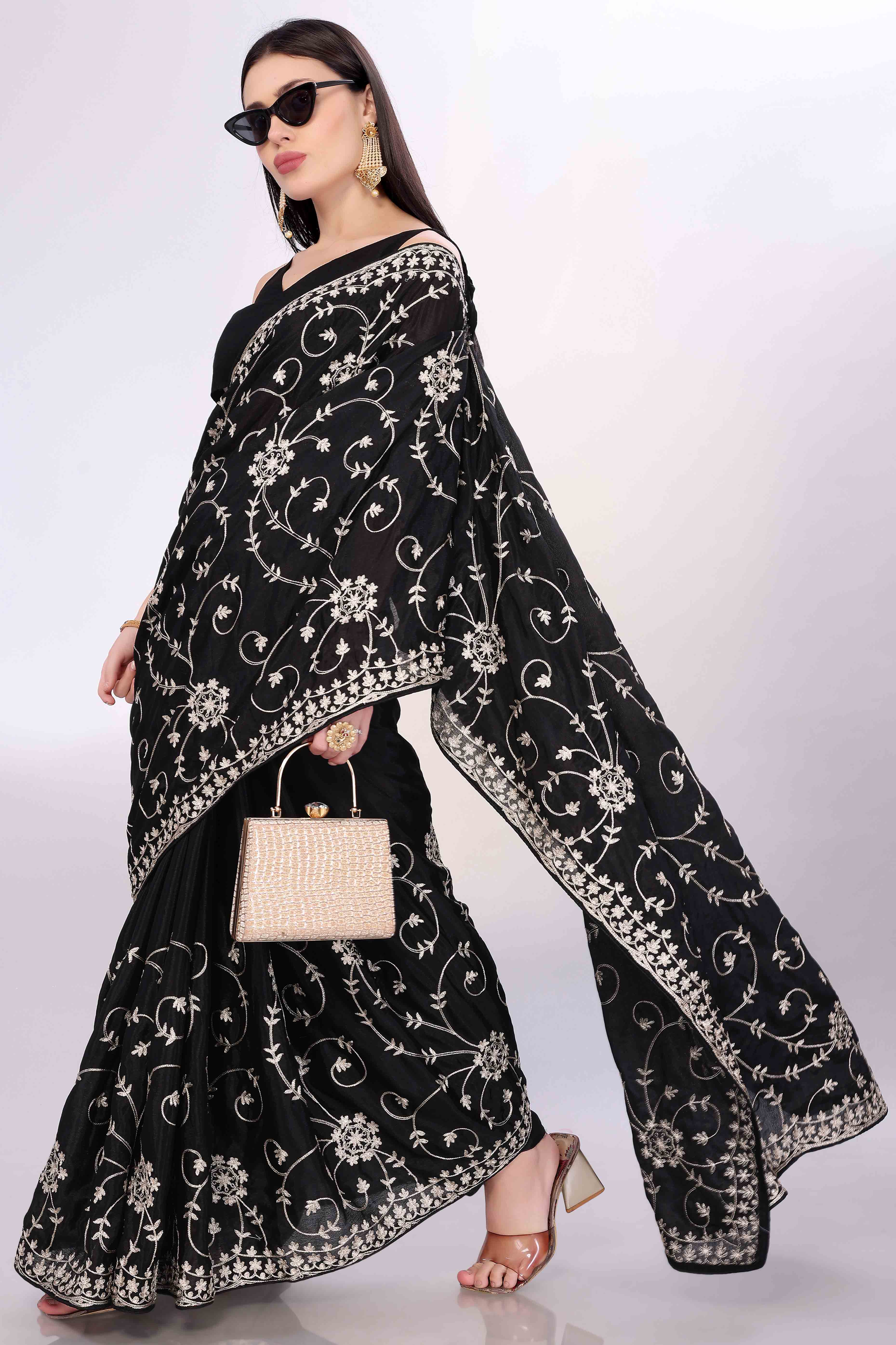 Black Chinon Silk Saree Adorned With Fine Floral Thread Work