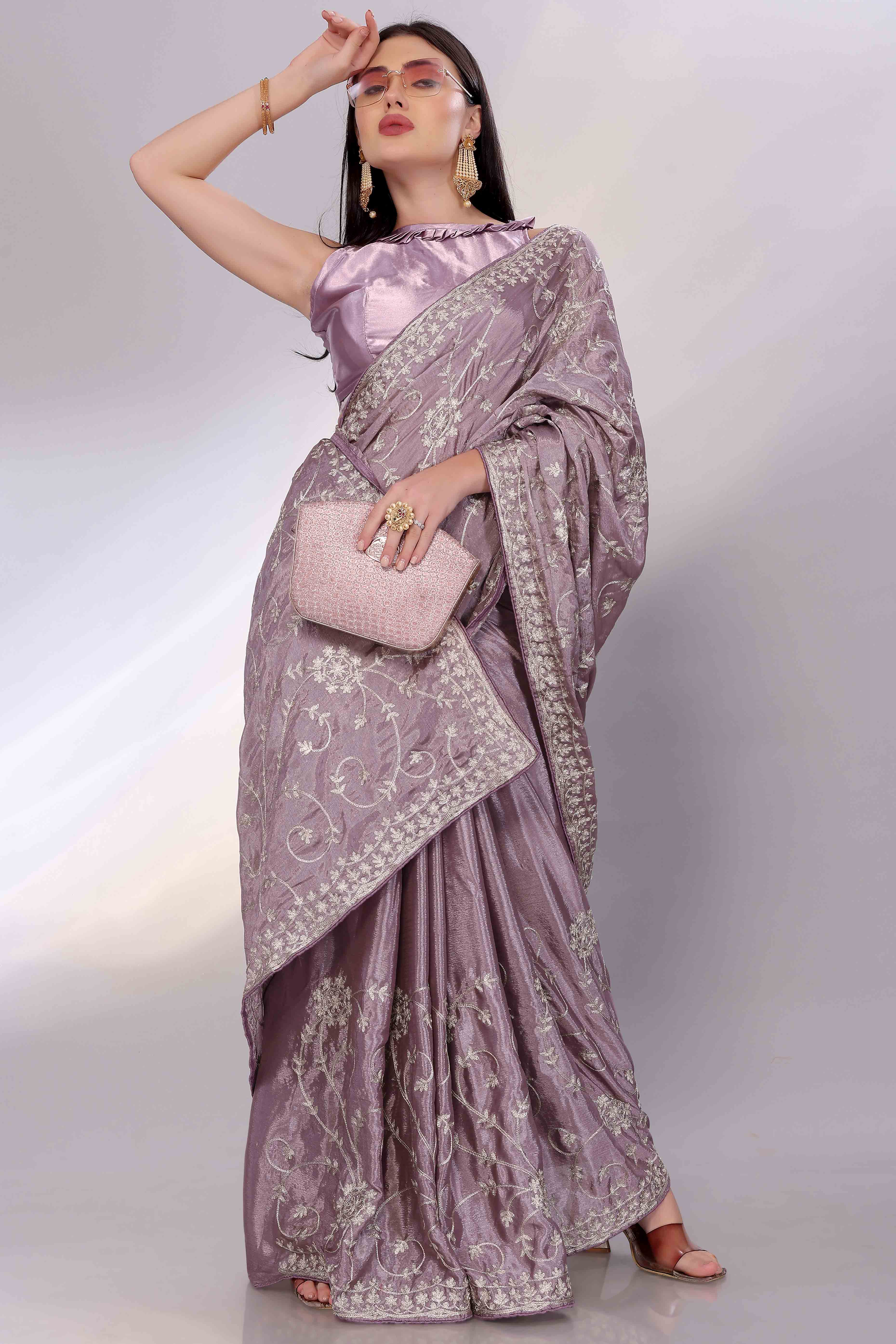 Lavender Chinon Silk Saree Adorned With Fine Floral Thread Work
