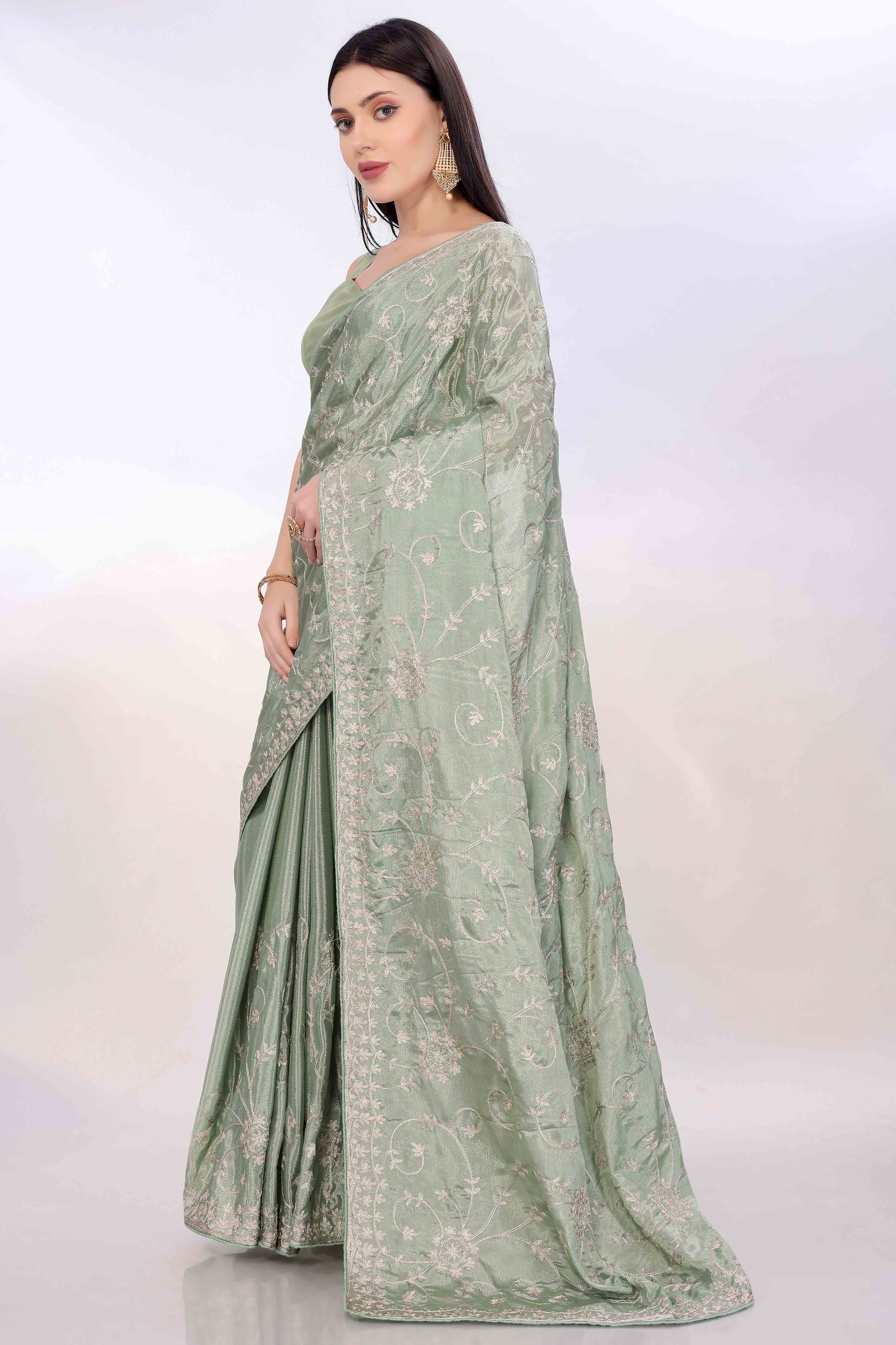Sage Green Chinon Silk Saree Adorned With Fine Floral Thread Work