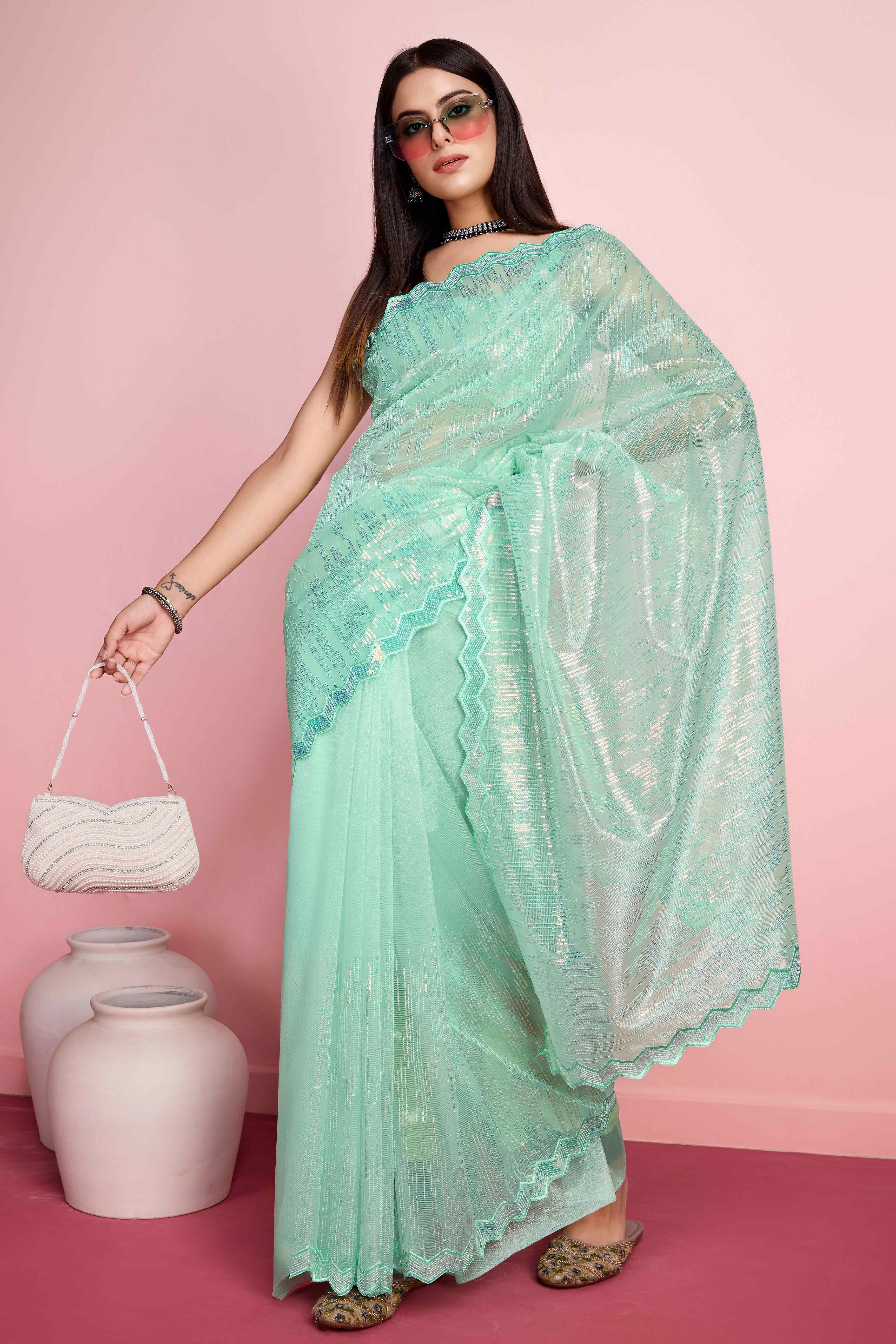 Foam Sea Green Sequins Embroidered Silver Twill Net Saree
