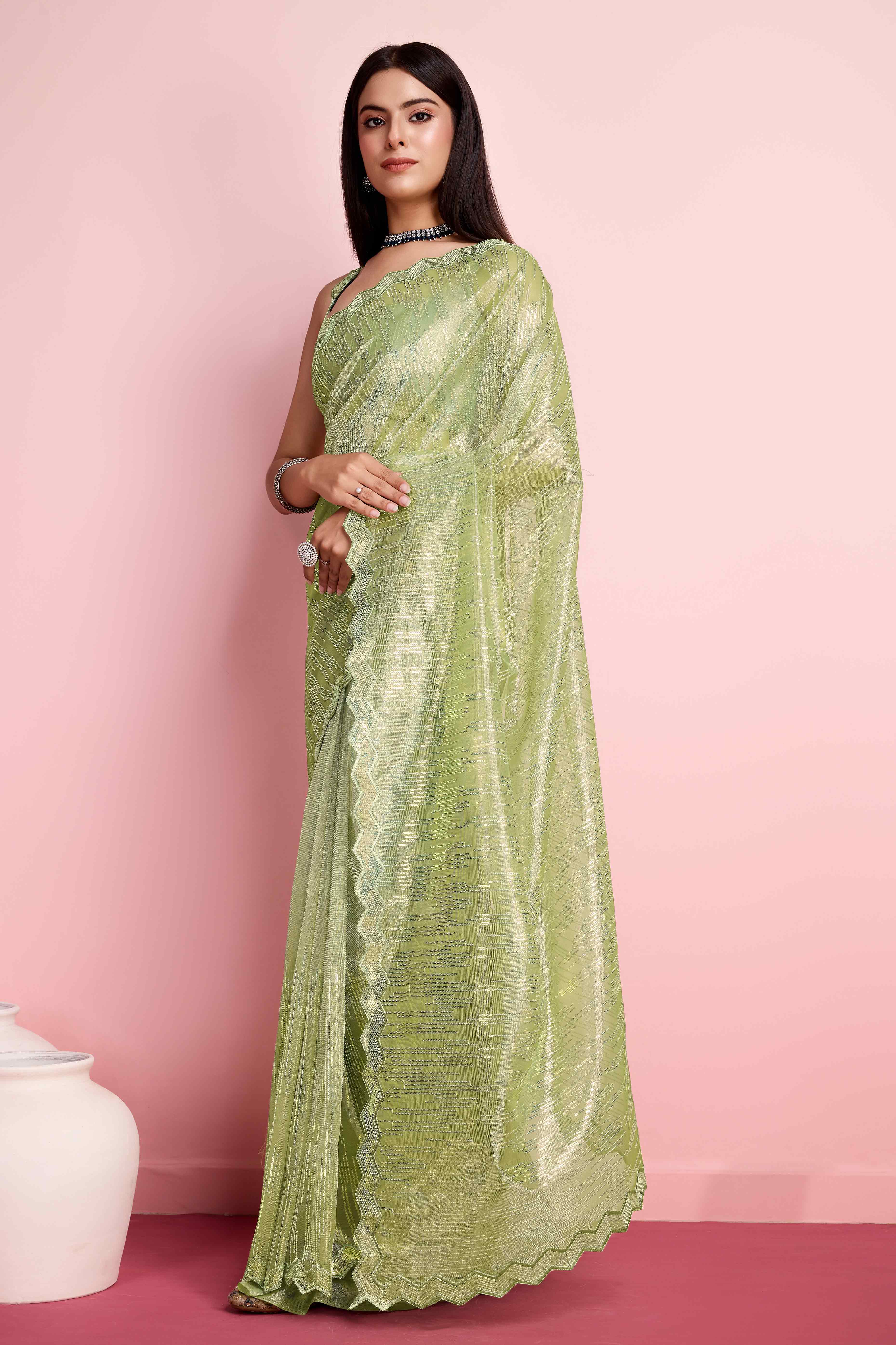 Green Sequins Embroidered Silver Twill Net Saree