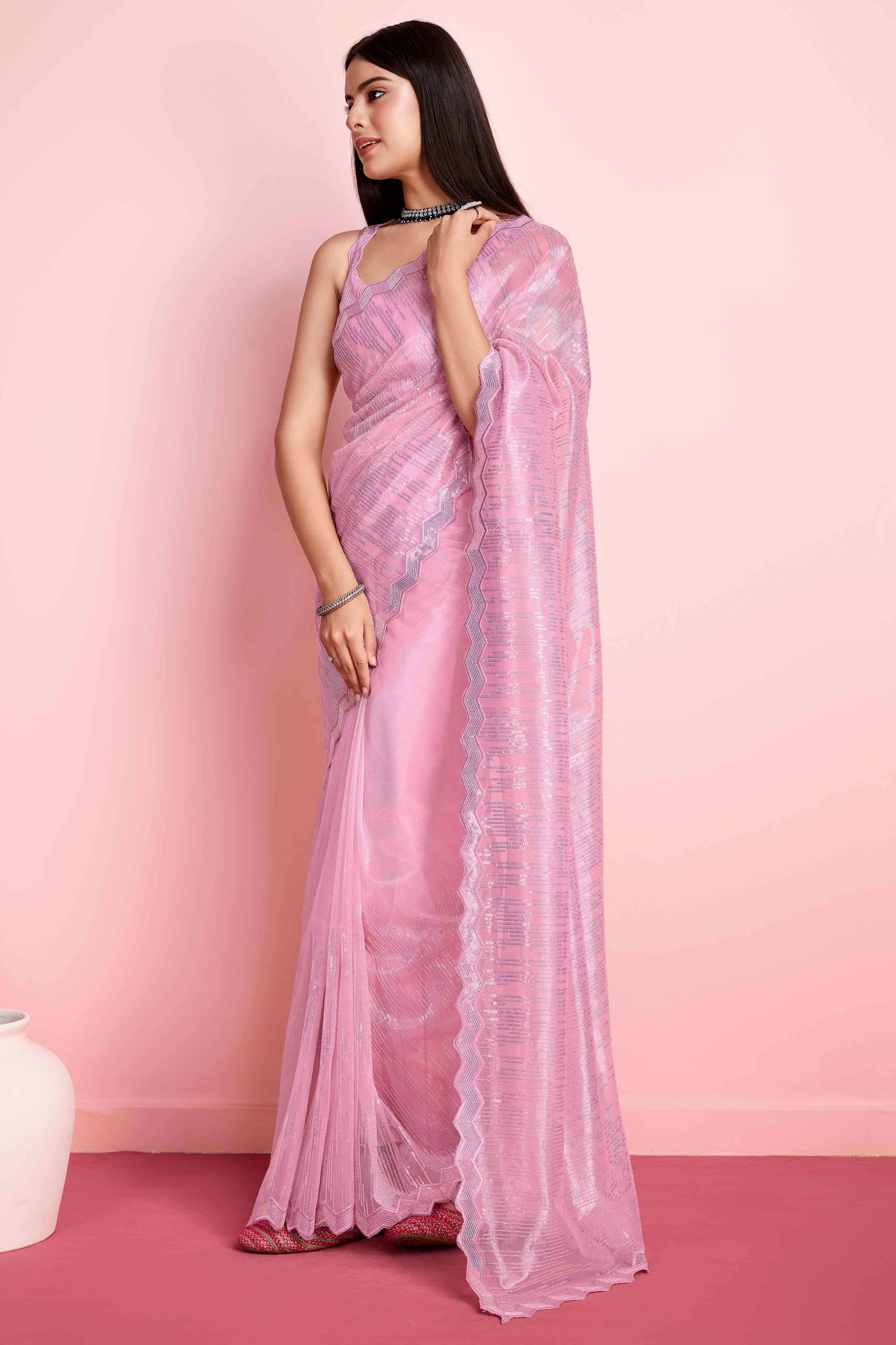 Onion Pink Sequins Embroidered Silver Twill Net Saree