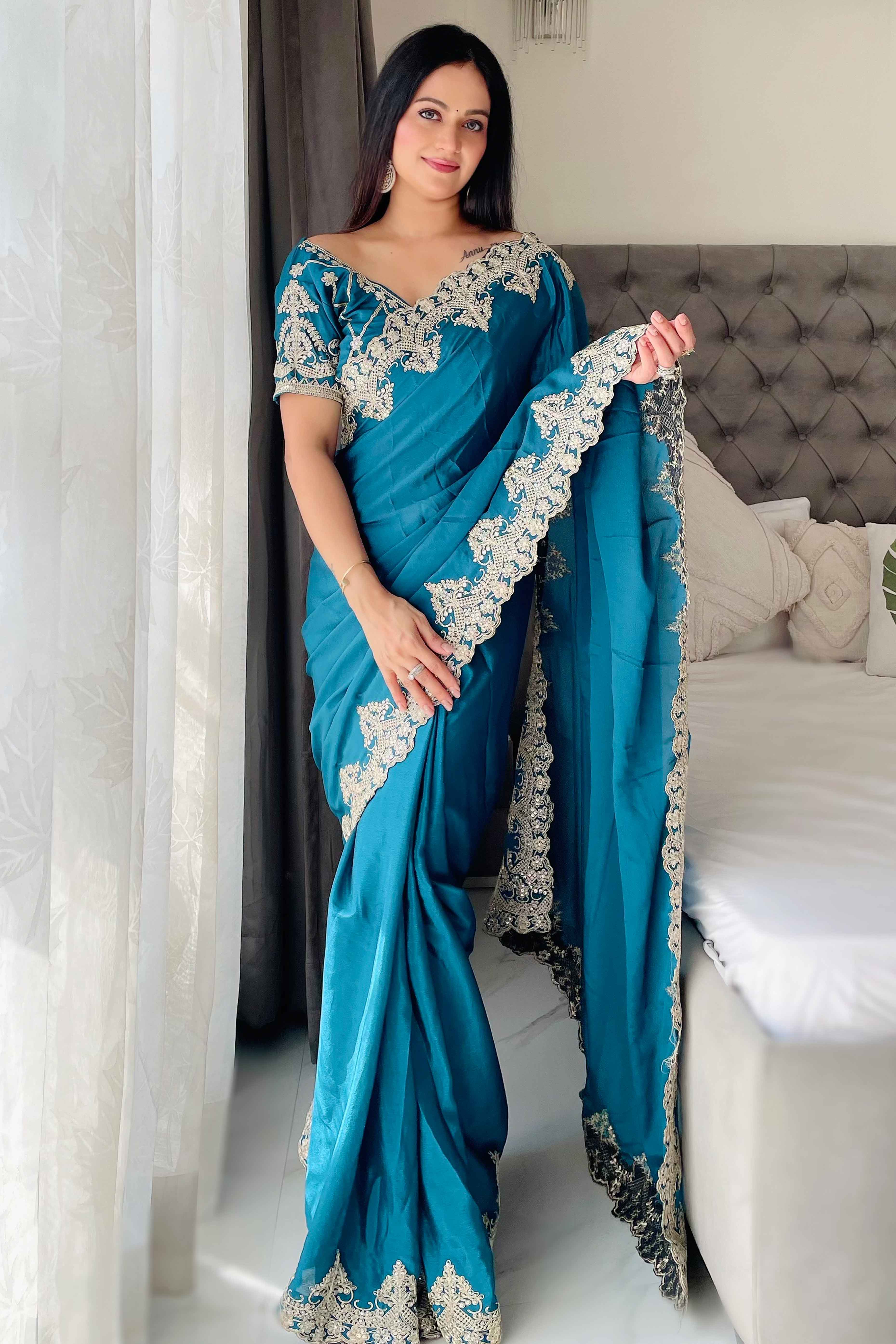 Blue Chinon Silk Blend Saree With Intricate Sequins & Cording Embroidery