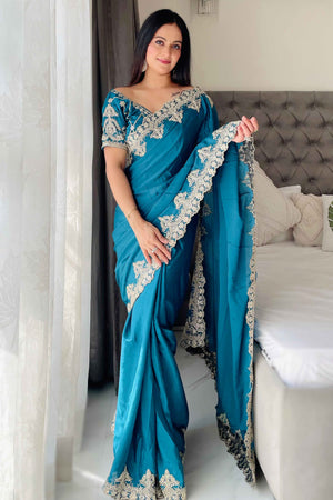 Blue Chinon Silk Blend Saree With Intricate Sequins & Cording Embroidery