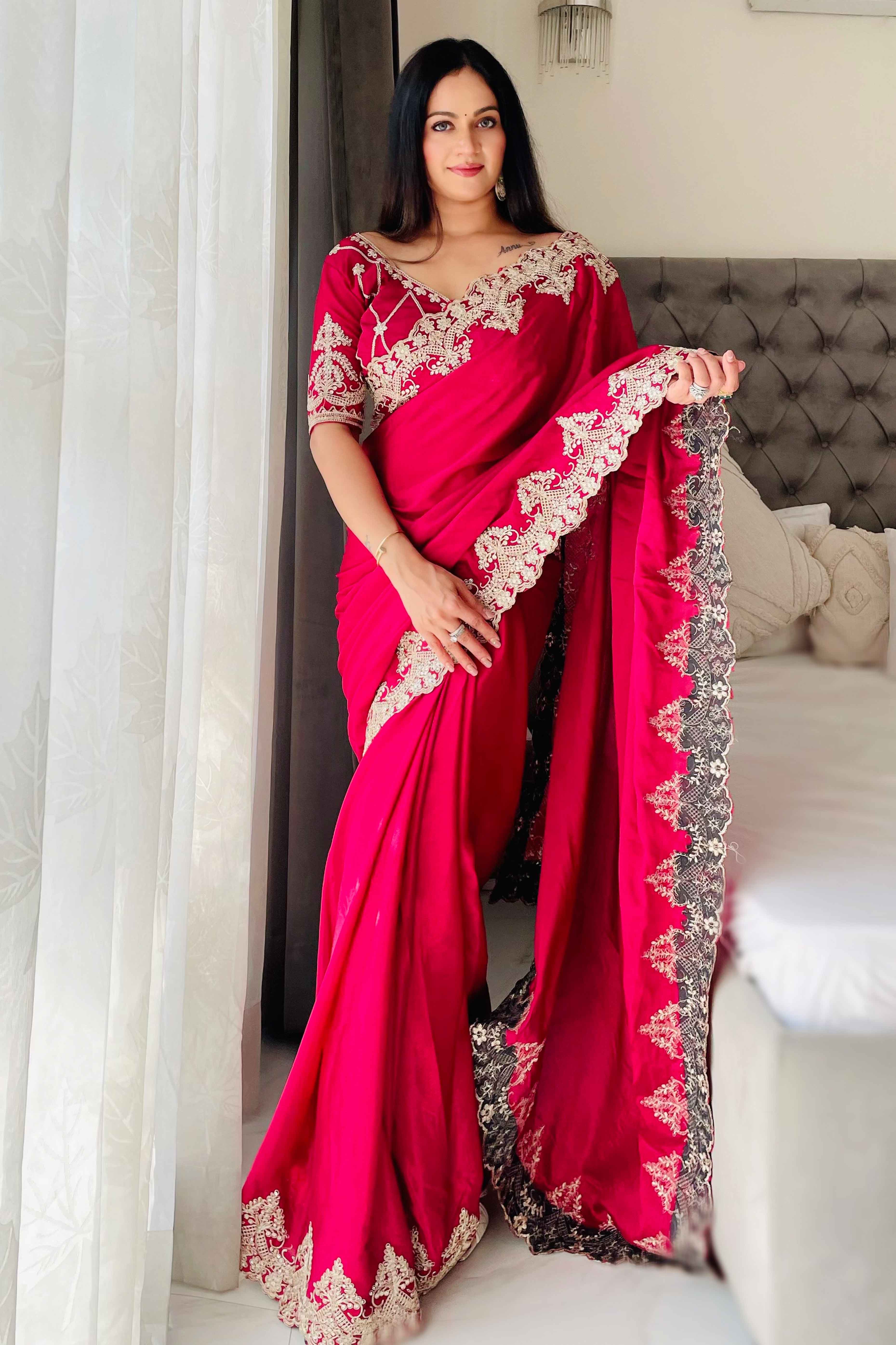 Pink Chinon Silk Blend Saree With Intricate Sequins & Cording Embroidery