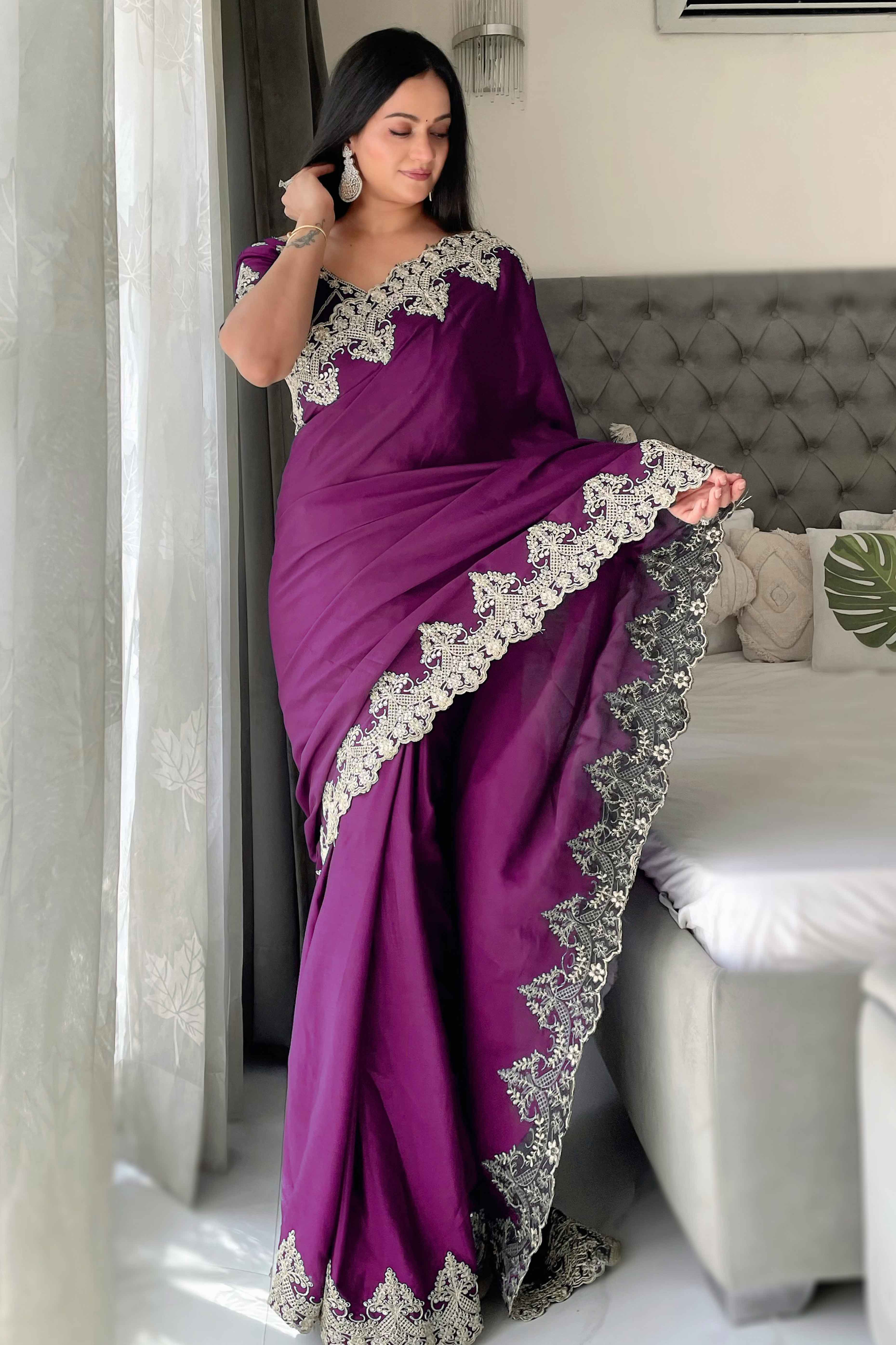 Wine Chinon Silk Blend Saree With Intricate Sequins & Cording Embroidery
