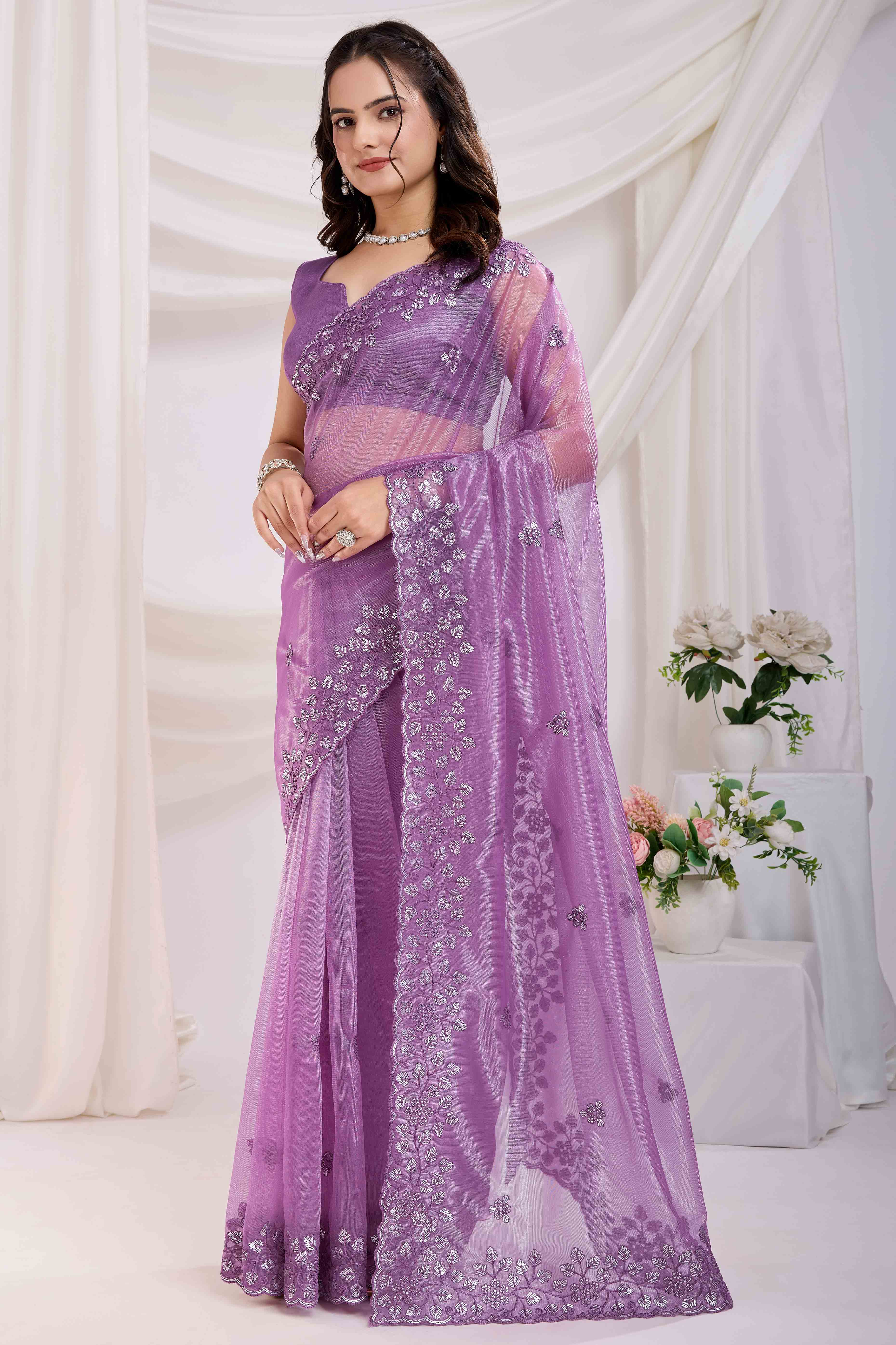 Lavender Twill Net Saree Embellished With Sequin Floral Embroidery