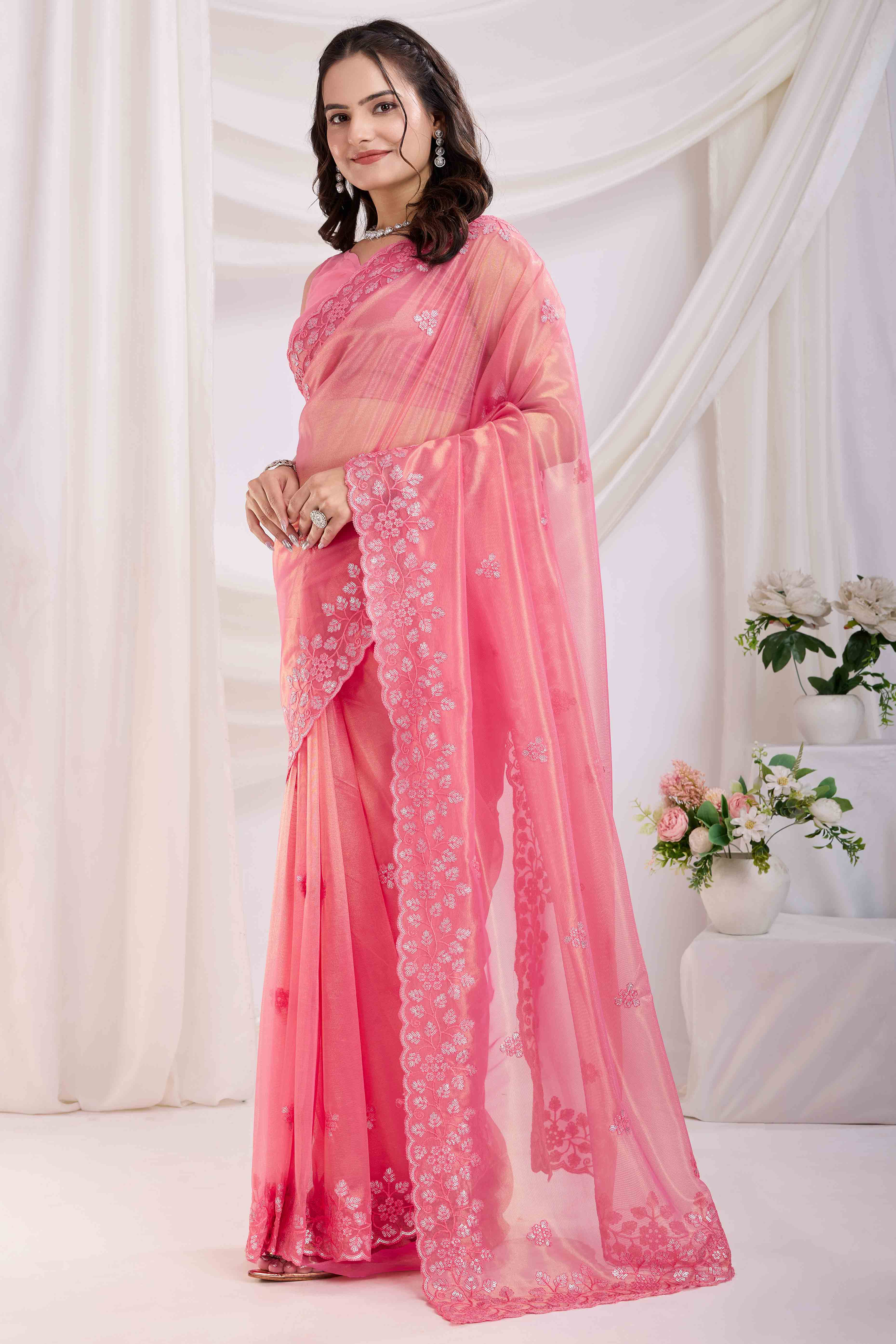Gajari Pink Twill Net Saree Embellished With Sequin Floral Embroidery