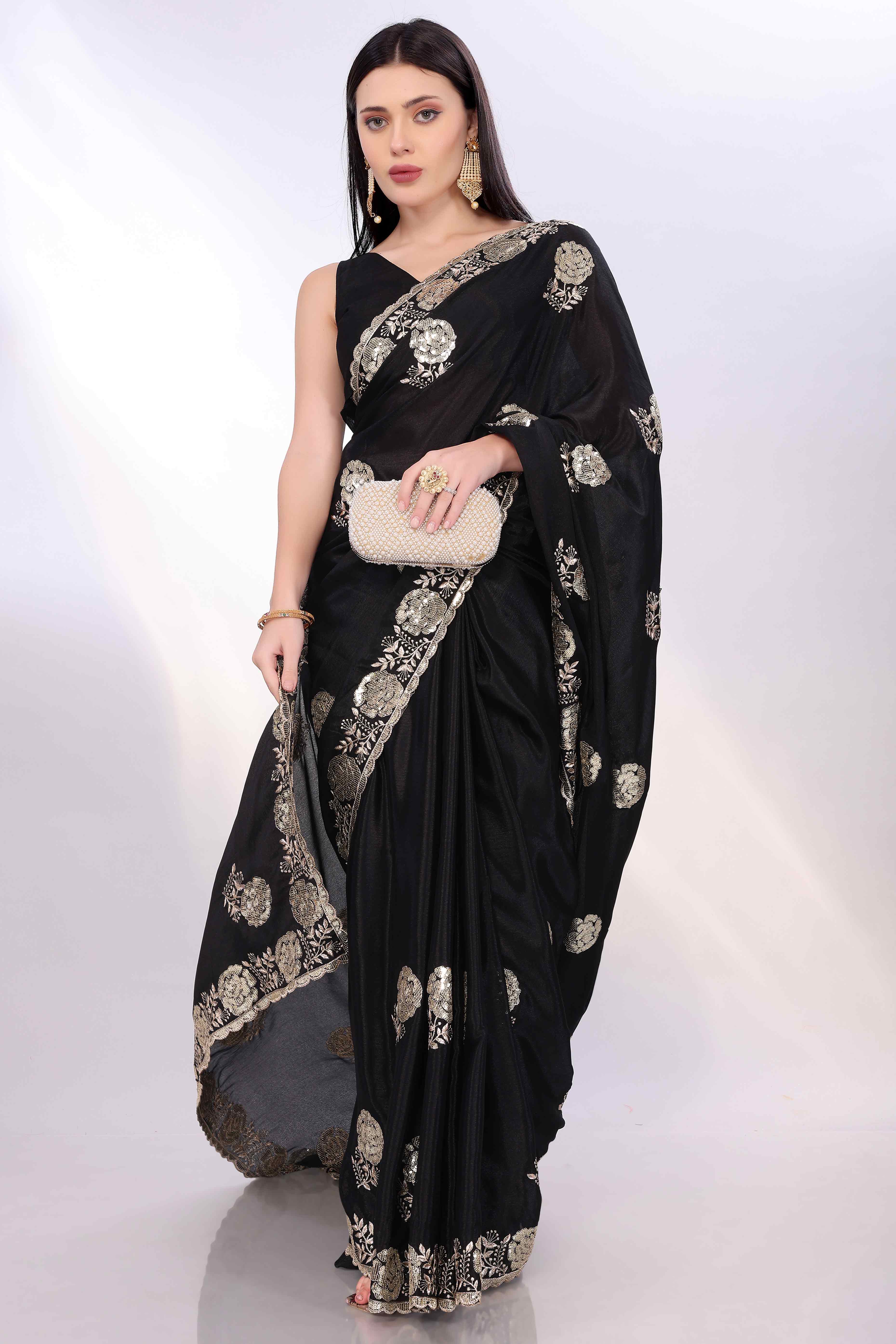 Black Saree Featuring Intricate Floral Embroidery With Sequins On Chinon Silk