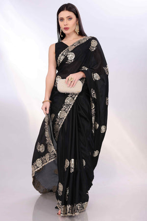 Black Saree Featuring Intricate Floral Embroidery With Sequins On Chinon Silk