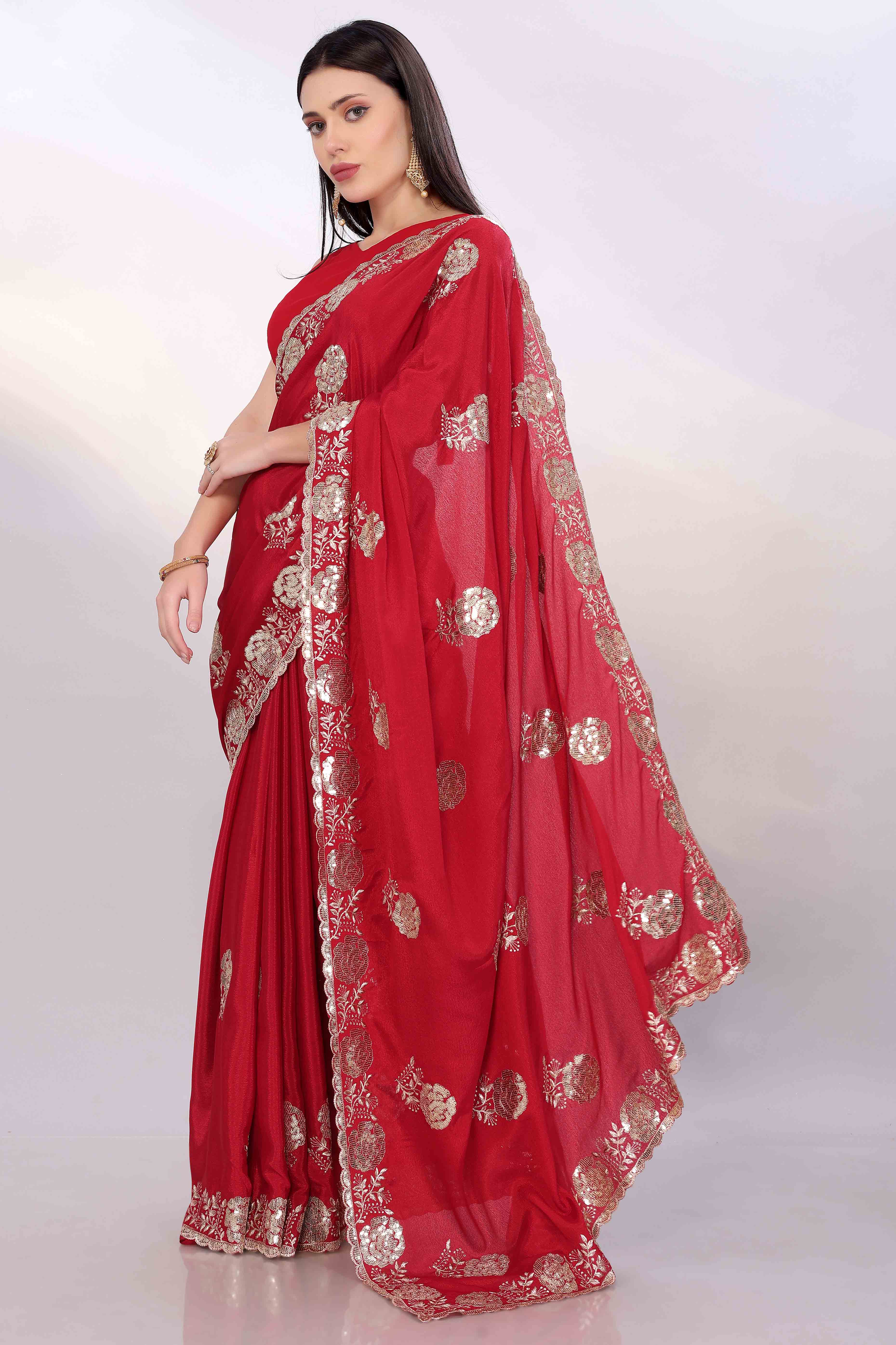 Cherry Red Saree Featuring Intricate Floral Embroidery With Sequins On Chinon Silk