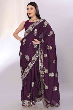 Wine Saree Featuring Intricate Floral Embroidery With Sequins On Chinon Silk