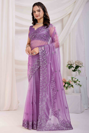 Purple Floral Sequins Embroidered Twill Net Saree
