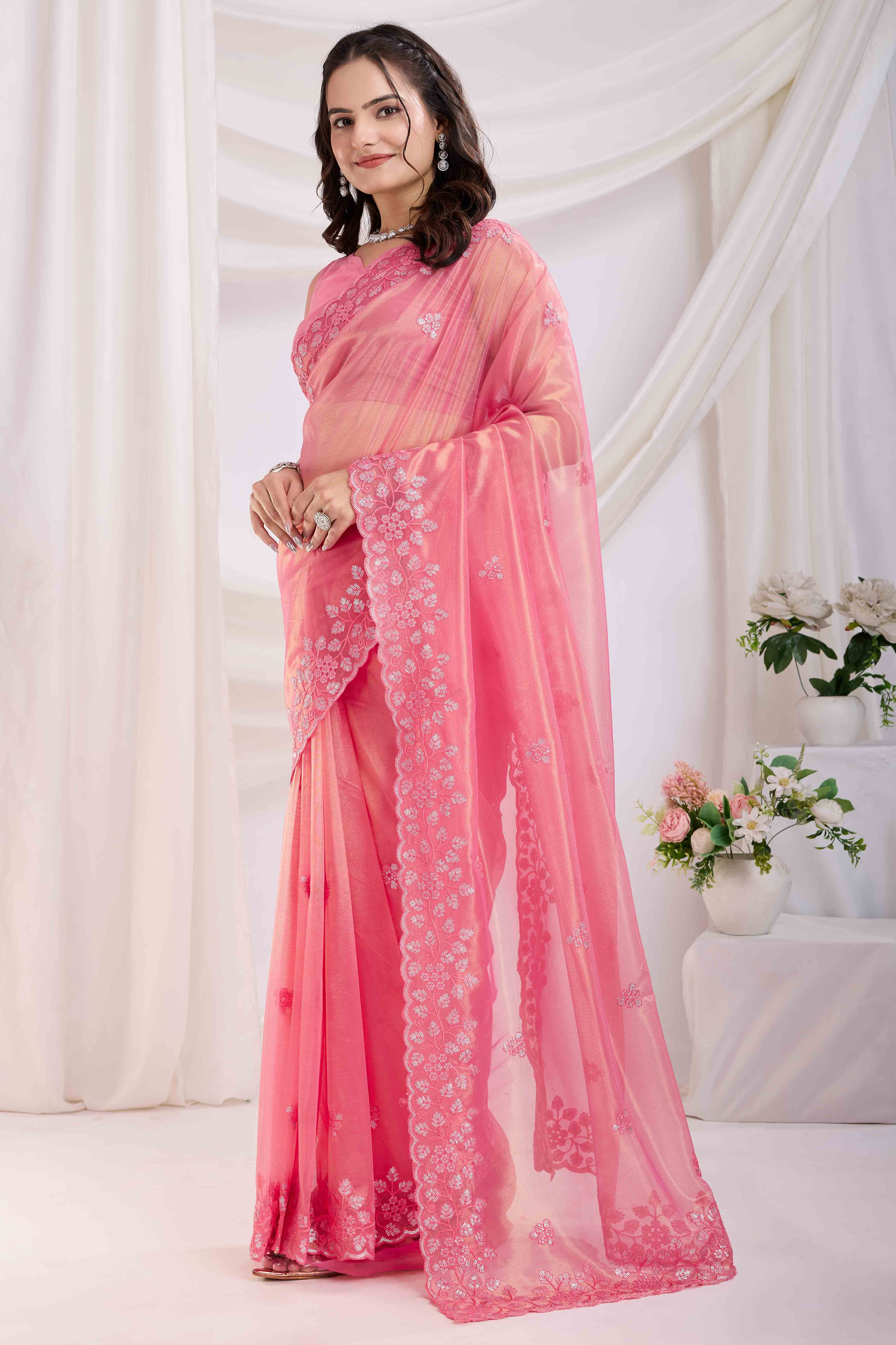 Pink Floral Sequins Embroidered Twill Net Saree