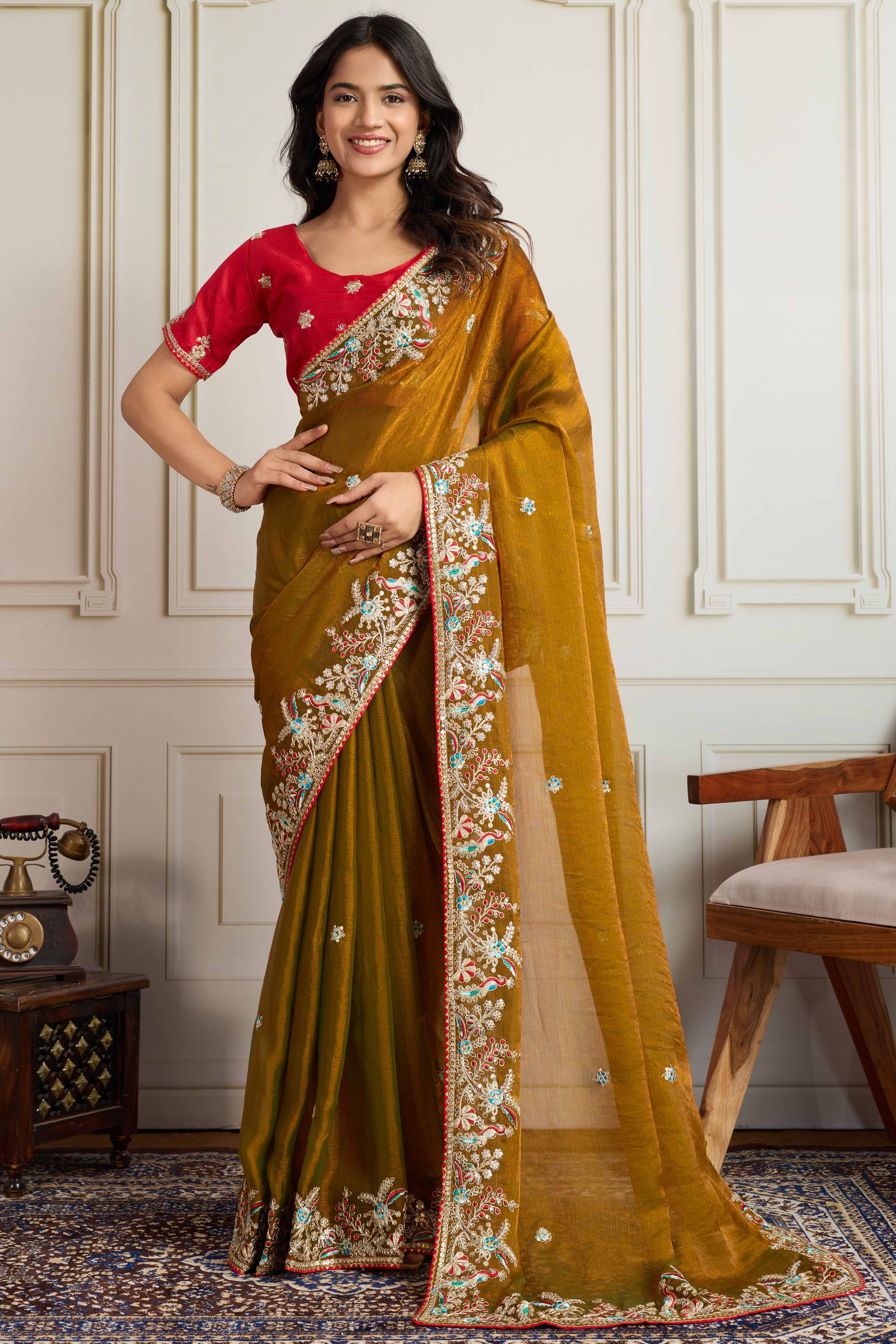 Olive Fancy Chiffon Partywear Saree with Intricate Sequins & Thread Embroidery