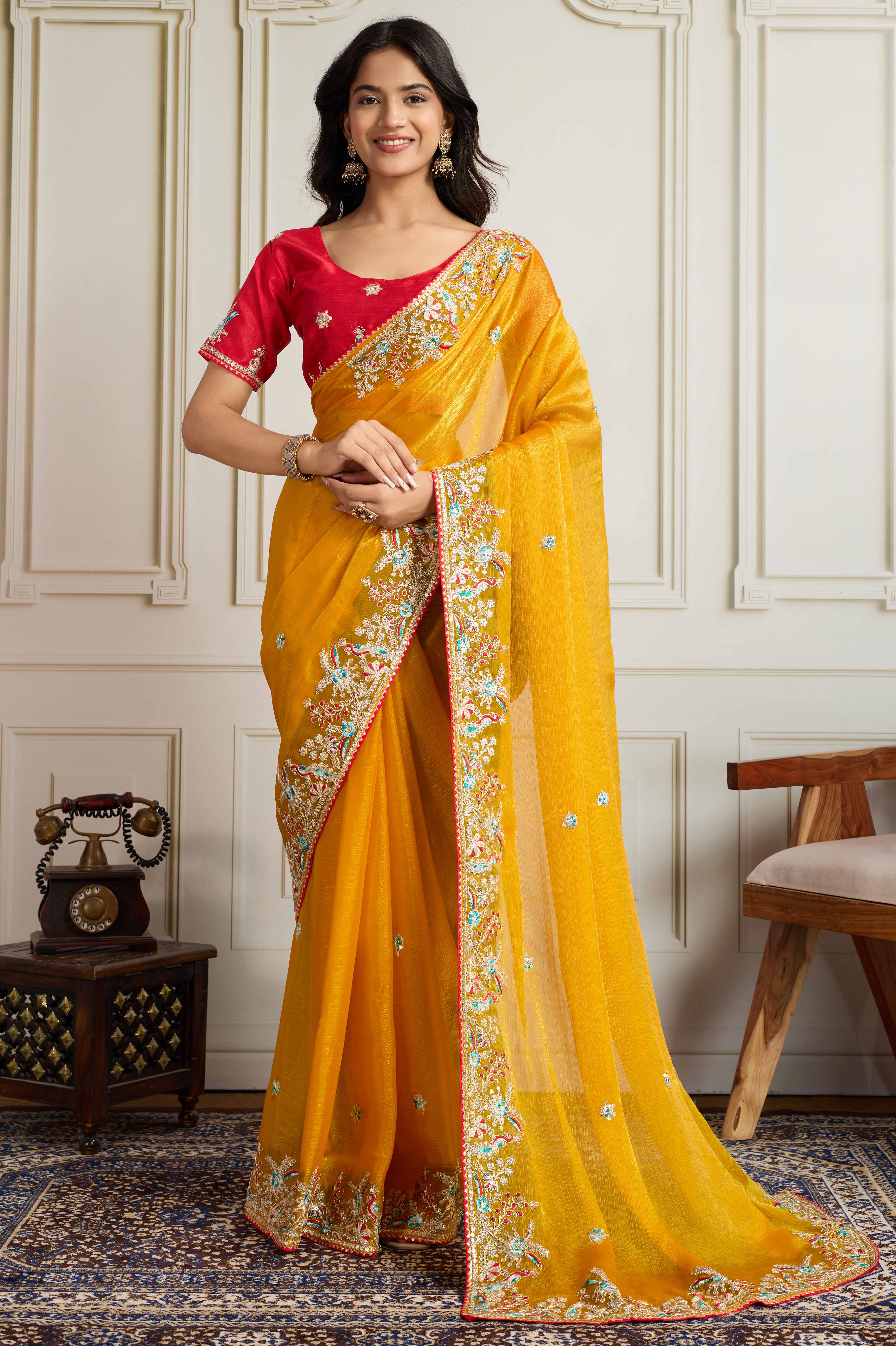 Mustard Fancy Chiffon Partywear Saree with Intricate Sequins & Thread Embroidery