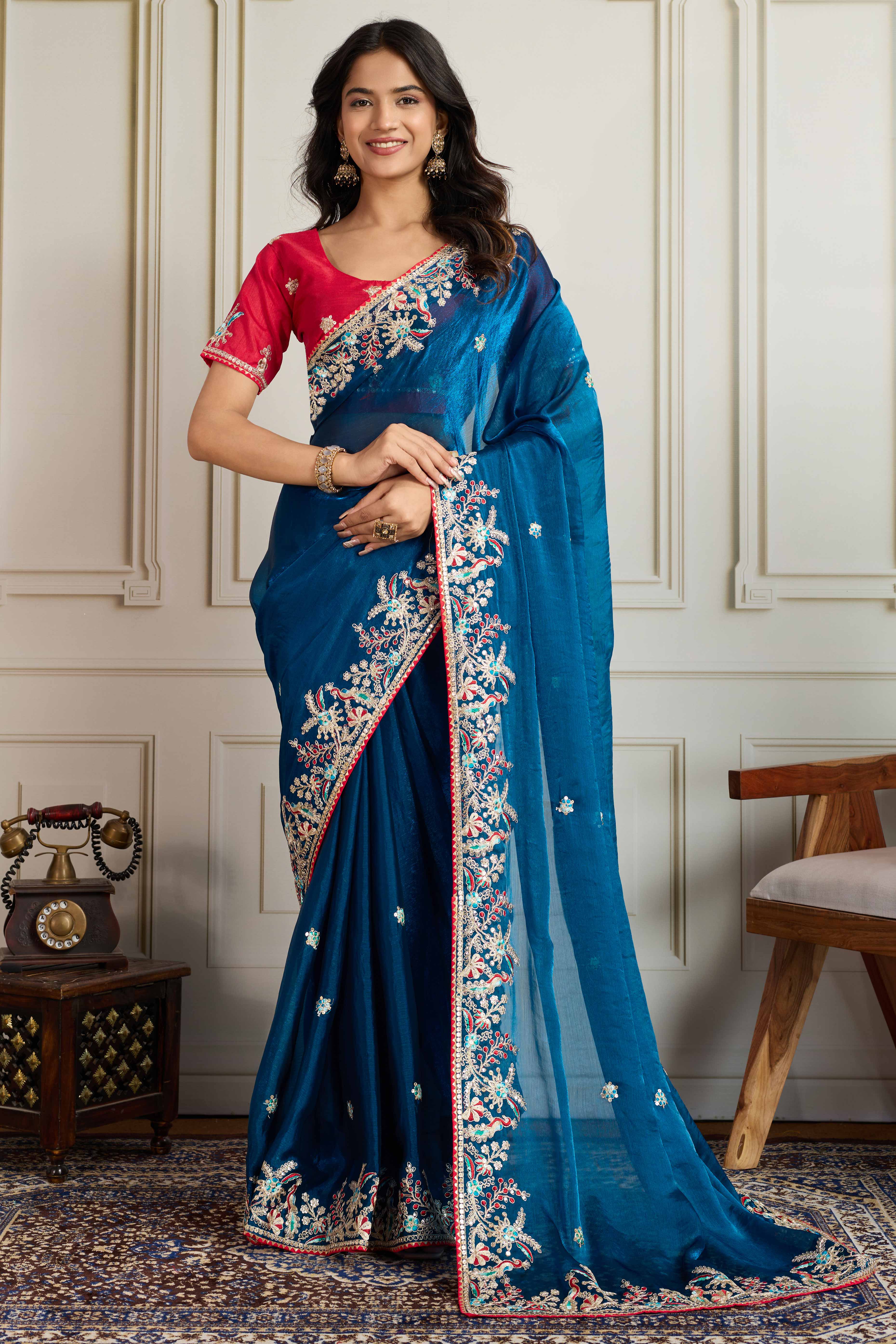 Teal Fancy Chiffon Partywear Saree with Intricate Sequins & Thread Embroidery