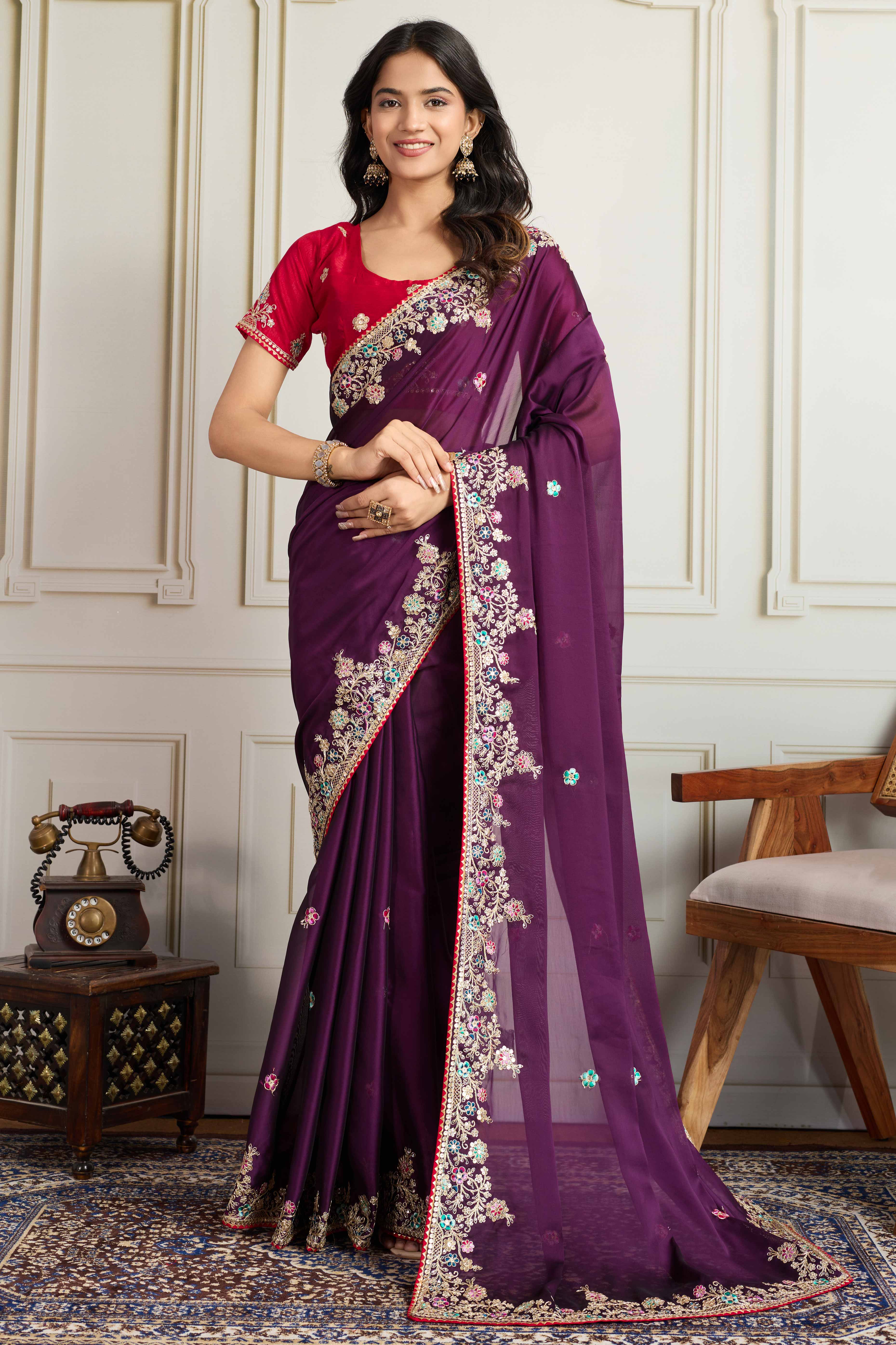Purple Star Georgette Party Saree with Sequins and Floral Embroidery