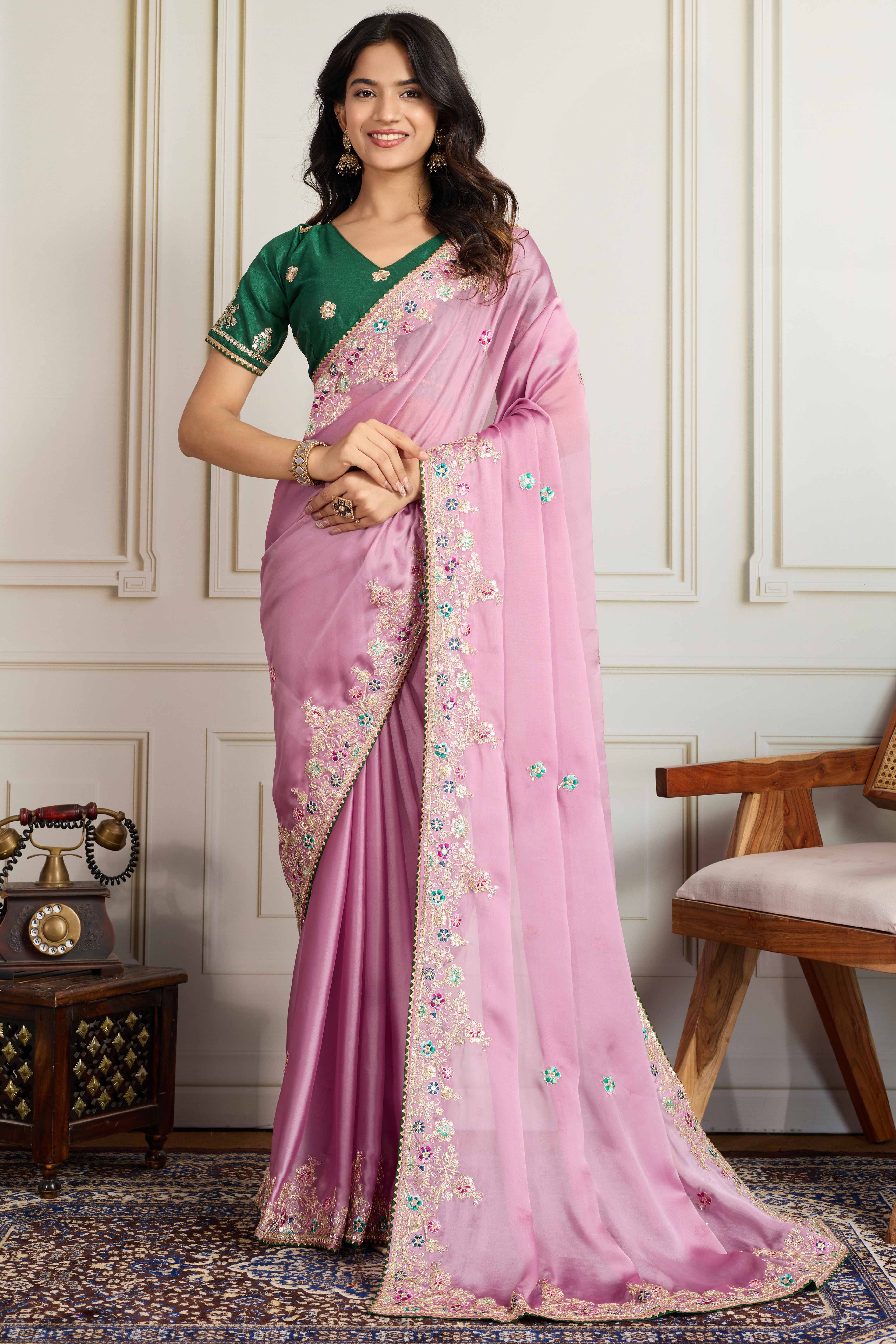 Pink Star Georgette Party Saree with Sequins and Floral Embroidery